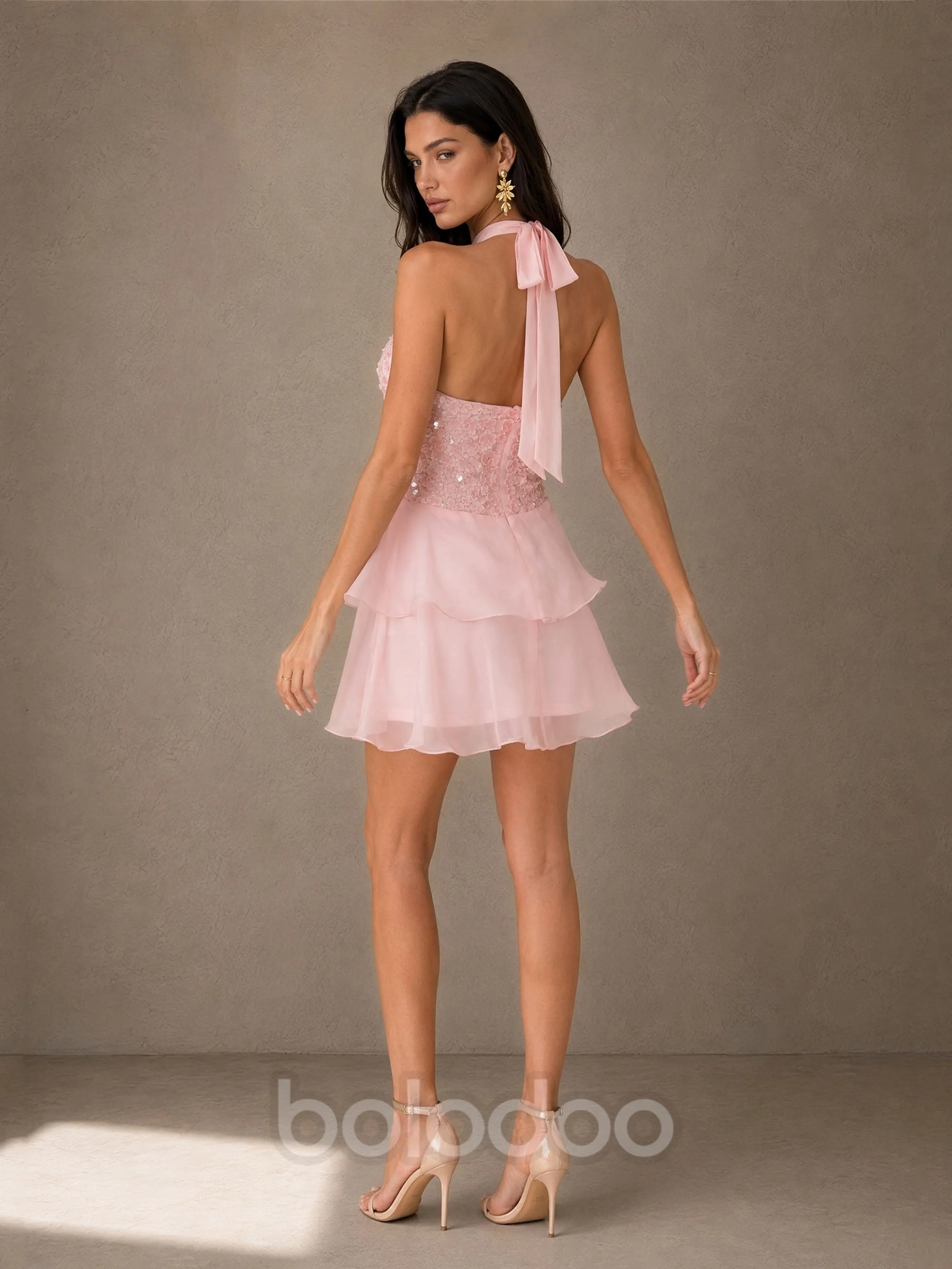 BOLODOO Blush Pink 3D Floral Sequin Halter Open Back Tiered Chiffon Mini Dress BD0499