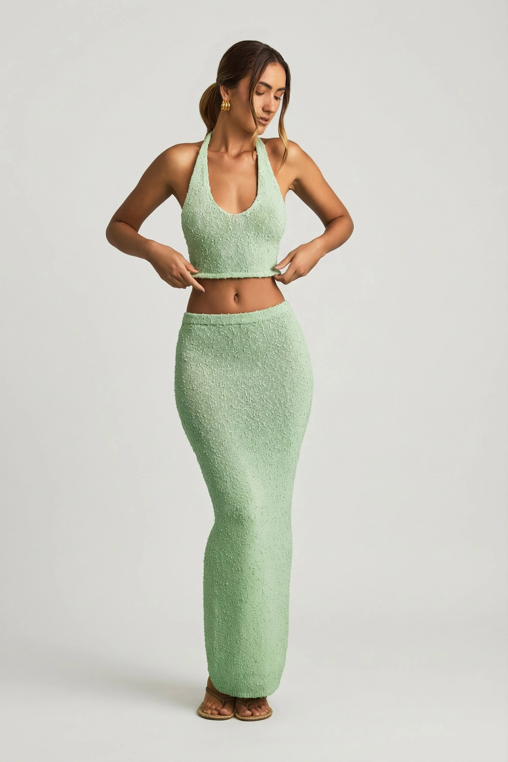 Bouclé Mid-Rise Maxi Skirt in Mint