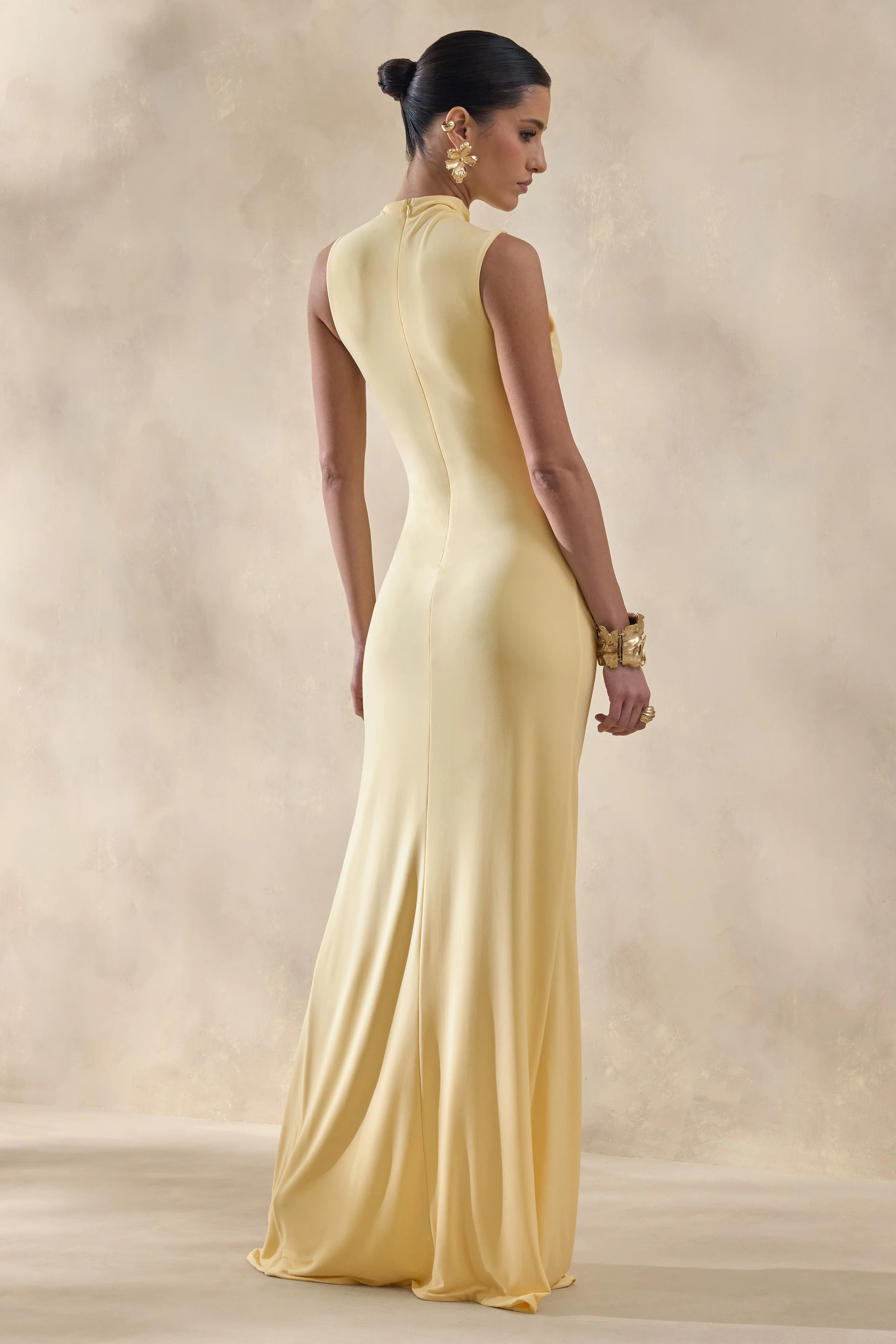 Helessia | Lemon Asymmetric-Neck Maxi Dress With Gathered-Detailing And Sash