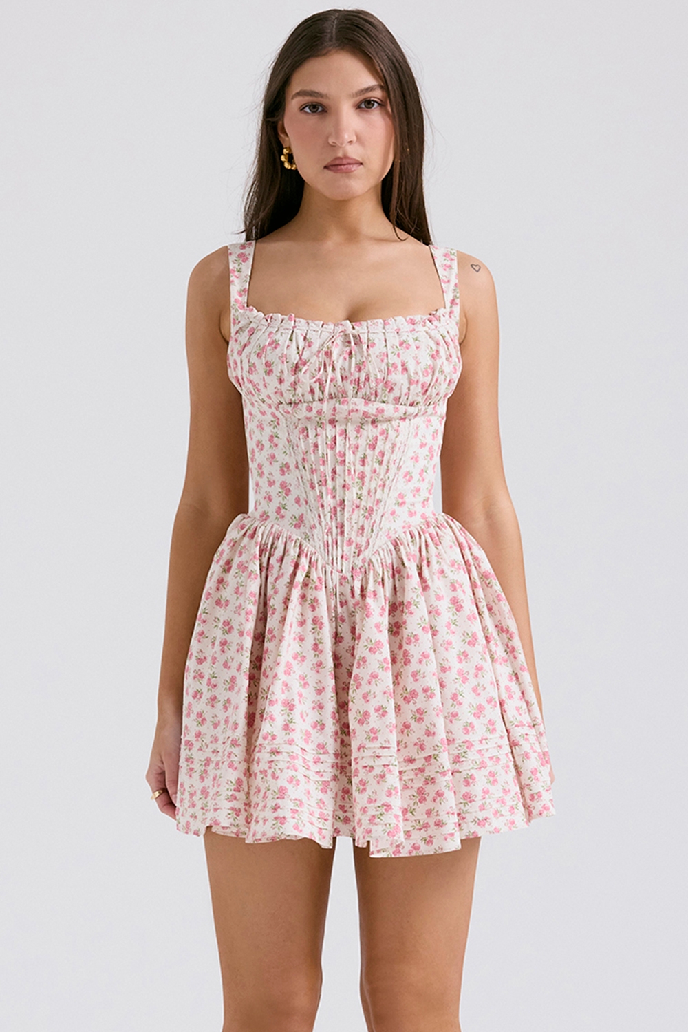 White Rosebud Print Cotton Mini Dress