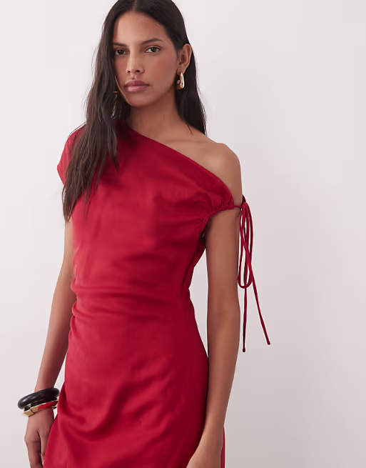 Mango linen mix asymmetric maxi dress in red