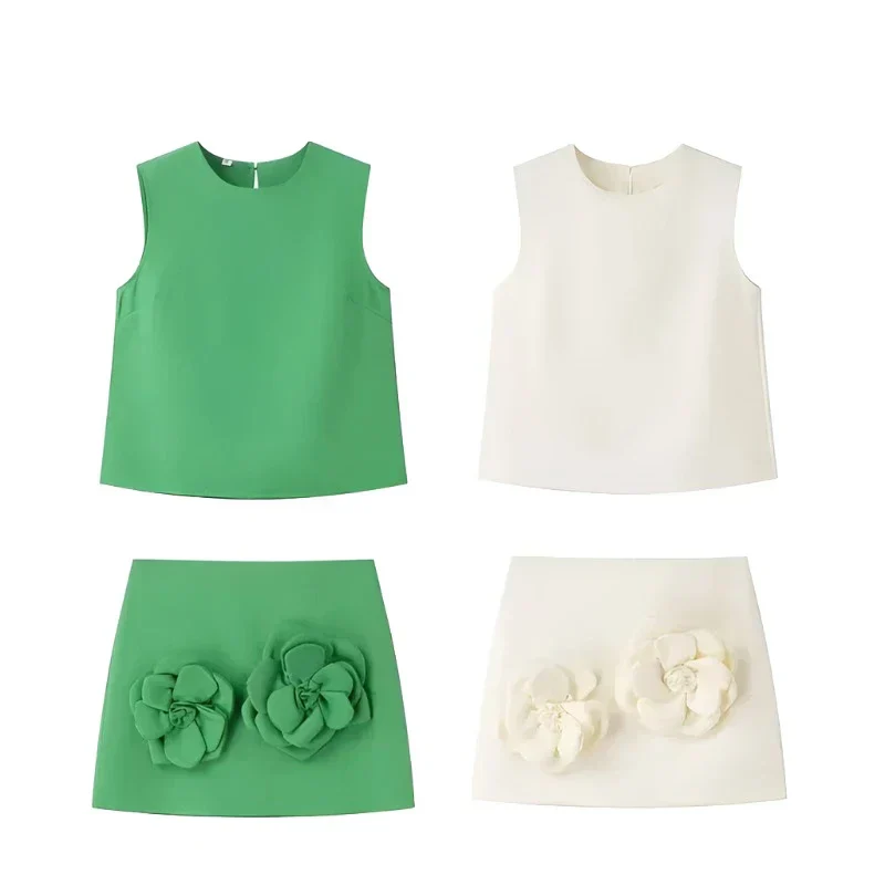 3D Flower Skirt and Sleeveless Crop Top Set - luluinthesky