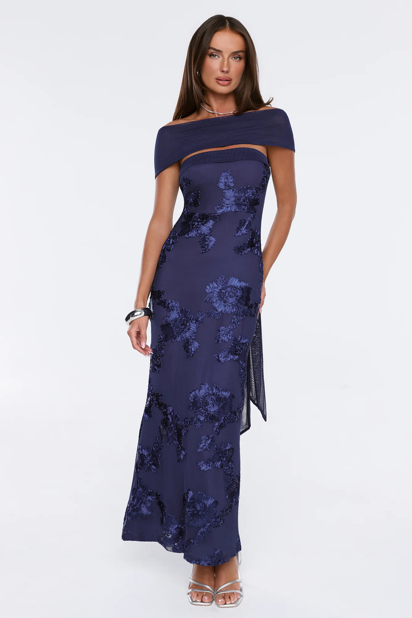 Worth the Plans Mesh Off Shoulder Maxi Dress Navy