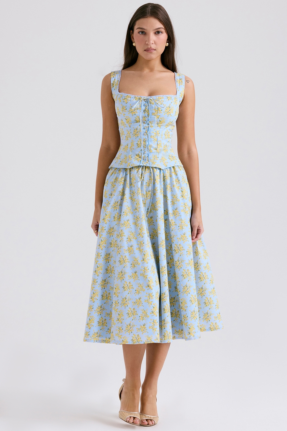 soft blue vintage floral print cotton midi skirt