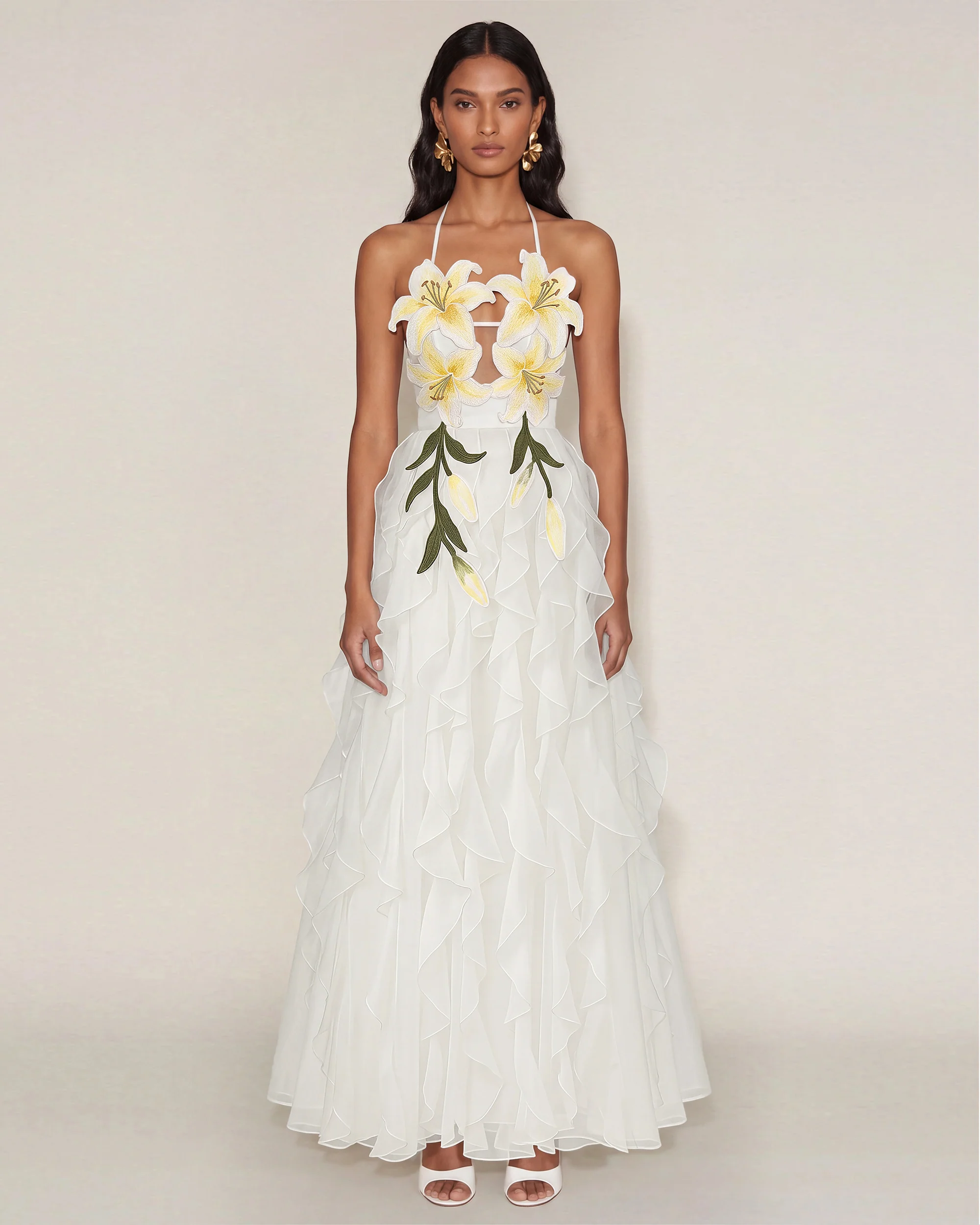 Lily-Embroidered Embroidered Halter Tiered Maxi Dress - White