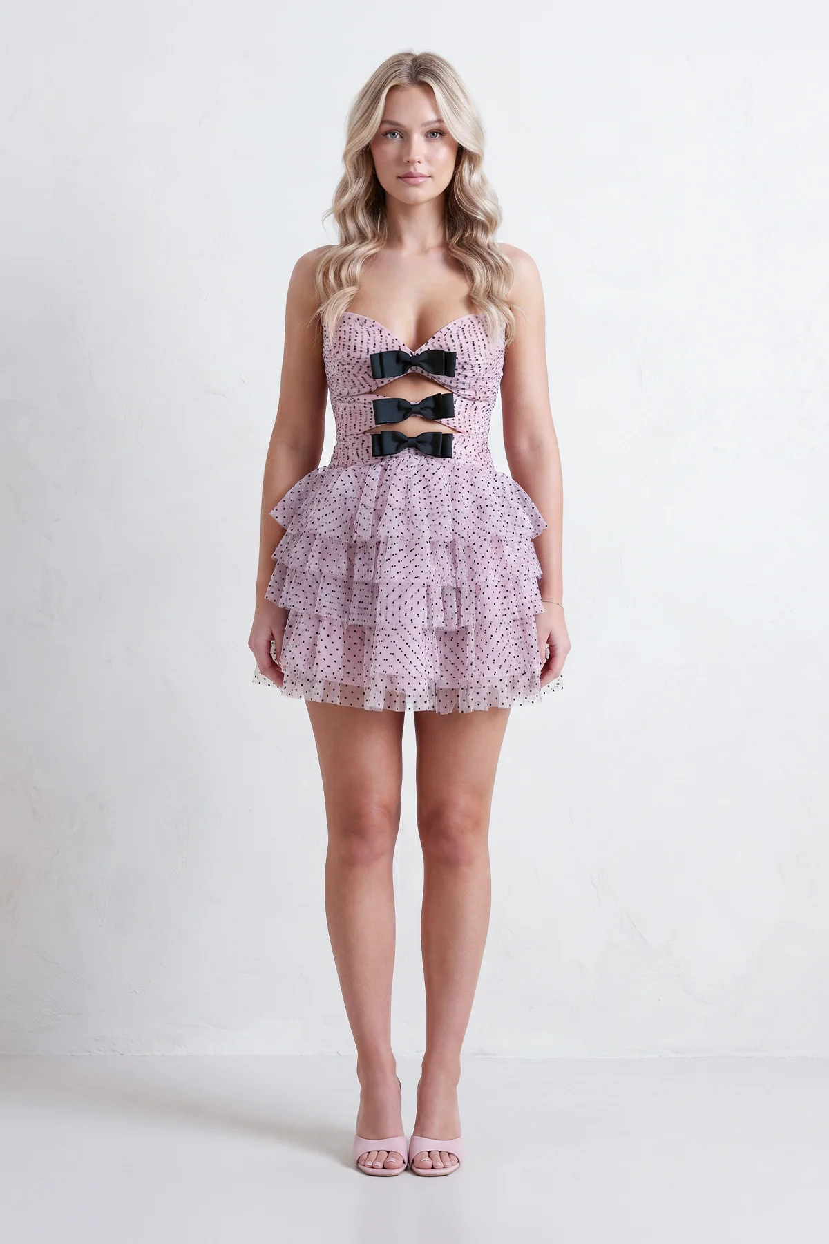 Pink - A Line Strapless Dot Tulle Ruffle Homecoming Dresses With Bow