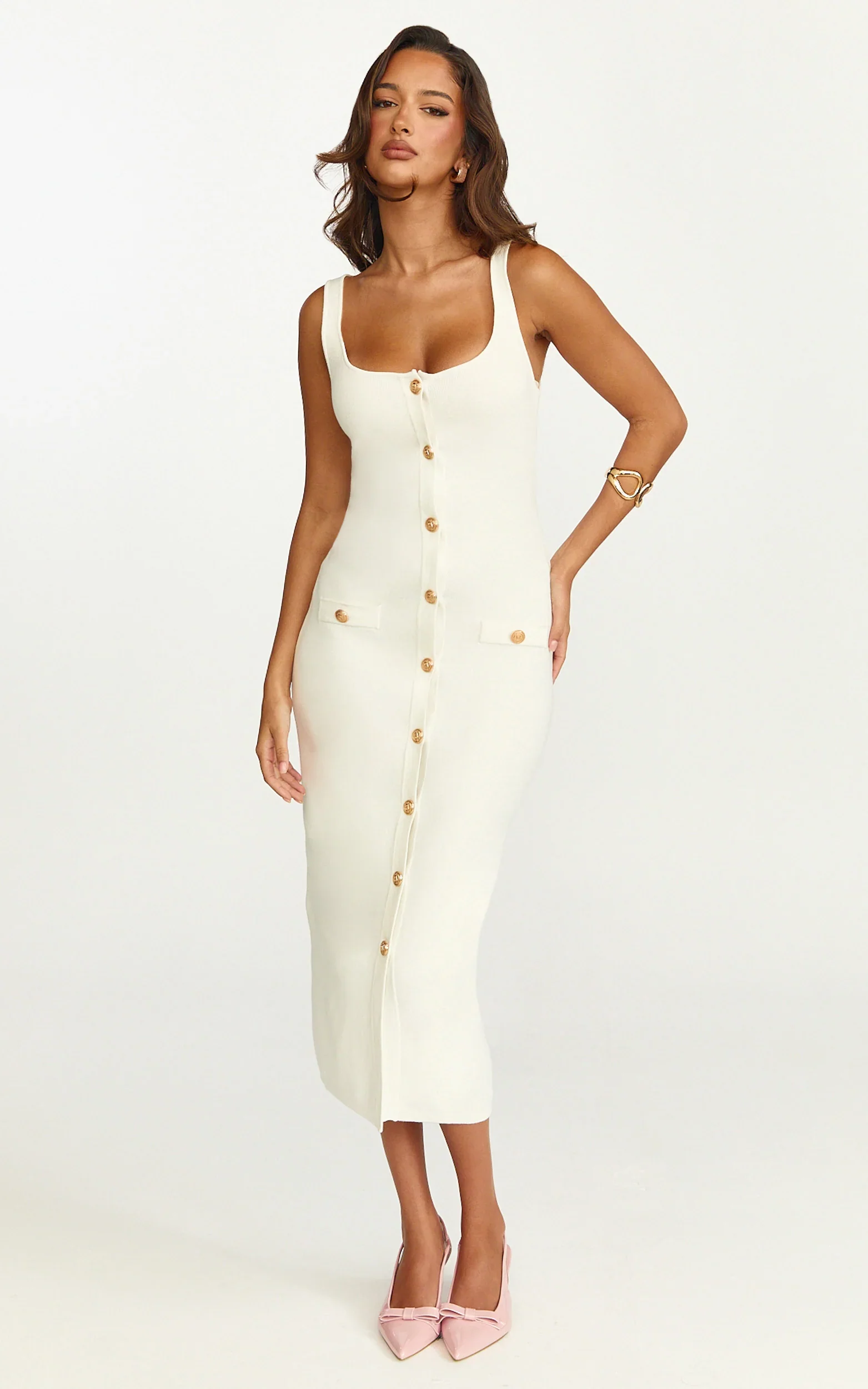 Gabby Midi Dress - Sweetheart Strapped Hardware Button Front Fitted Contrast Trim Knit Dress in Plain White