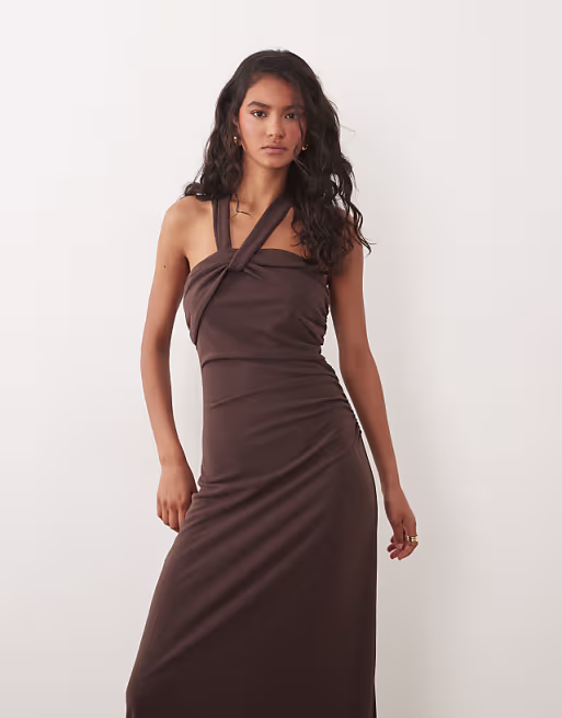 Six Stories stretch halter detail maxi dress in chocolate