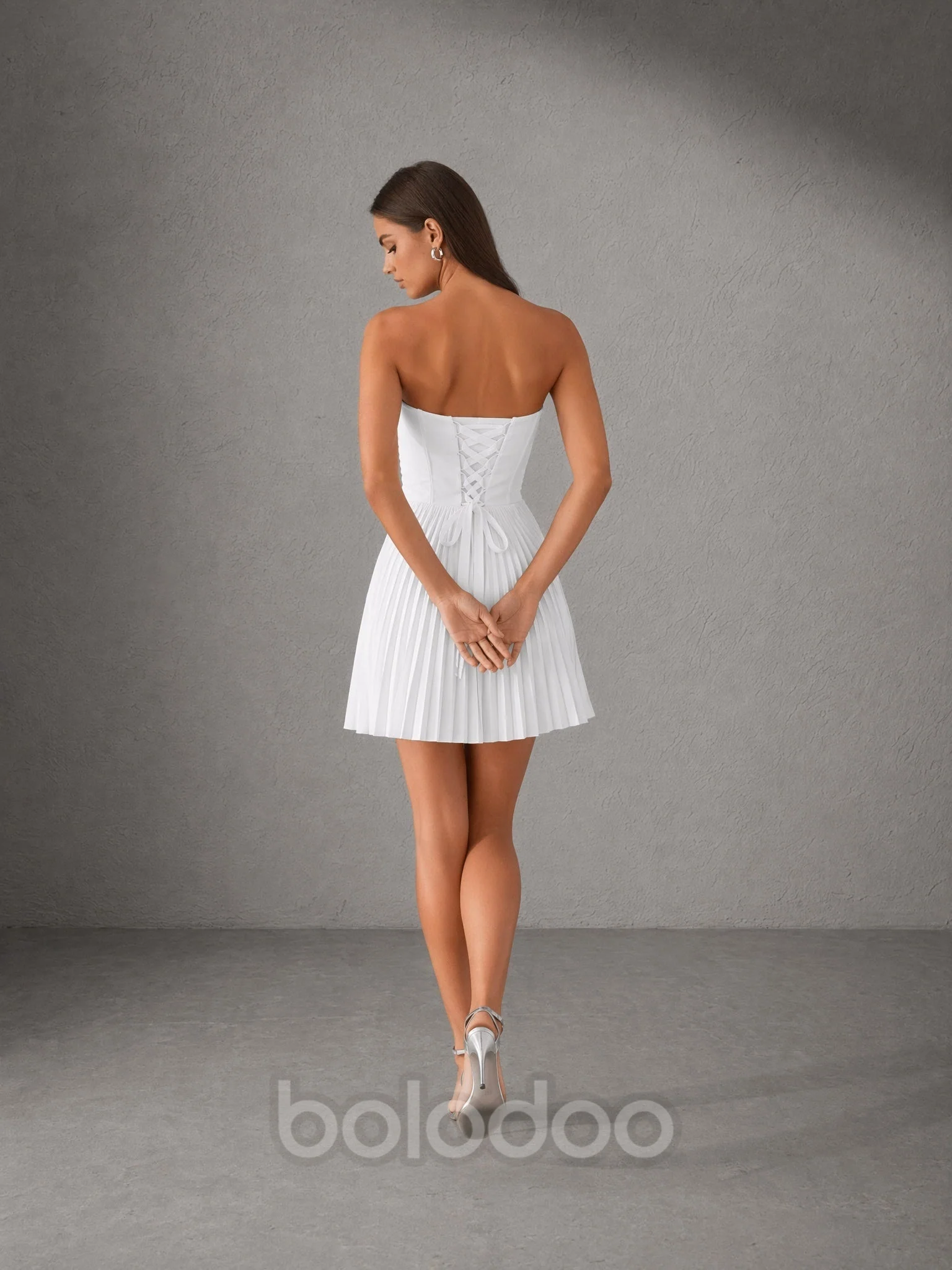BOLODOO White Strapless Sweetheart Pleated Corset Mini Dress with Lace-Up Back