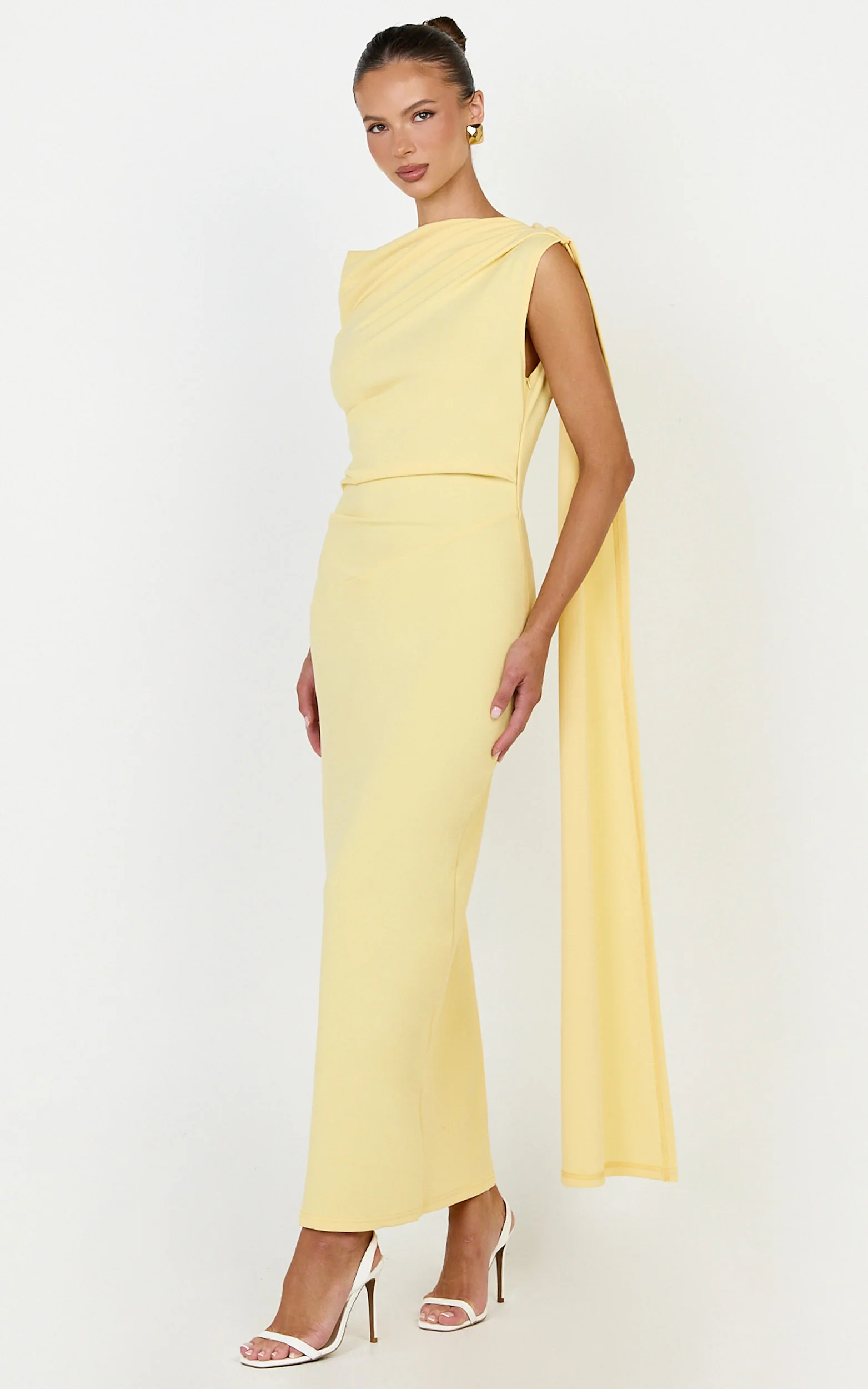 Visenta Midi Dress - Asymmetrical Sleeve Dress in Yellow
