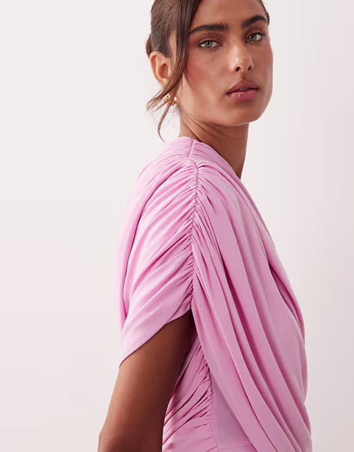 off the shoulder wrap bodice detailing maxi dress with train in pink