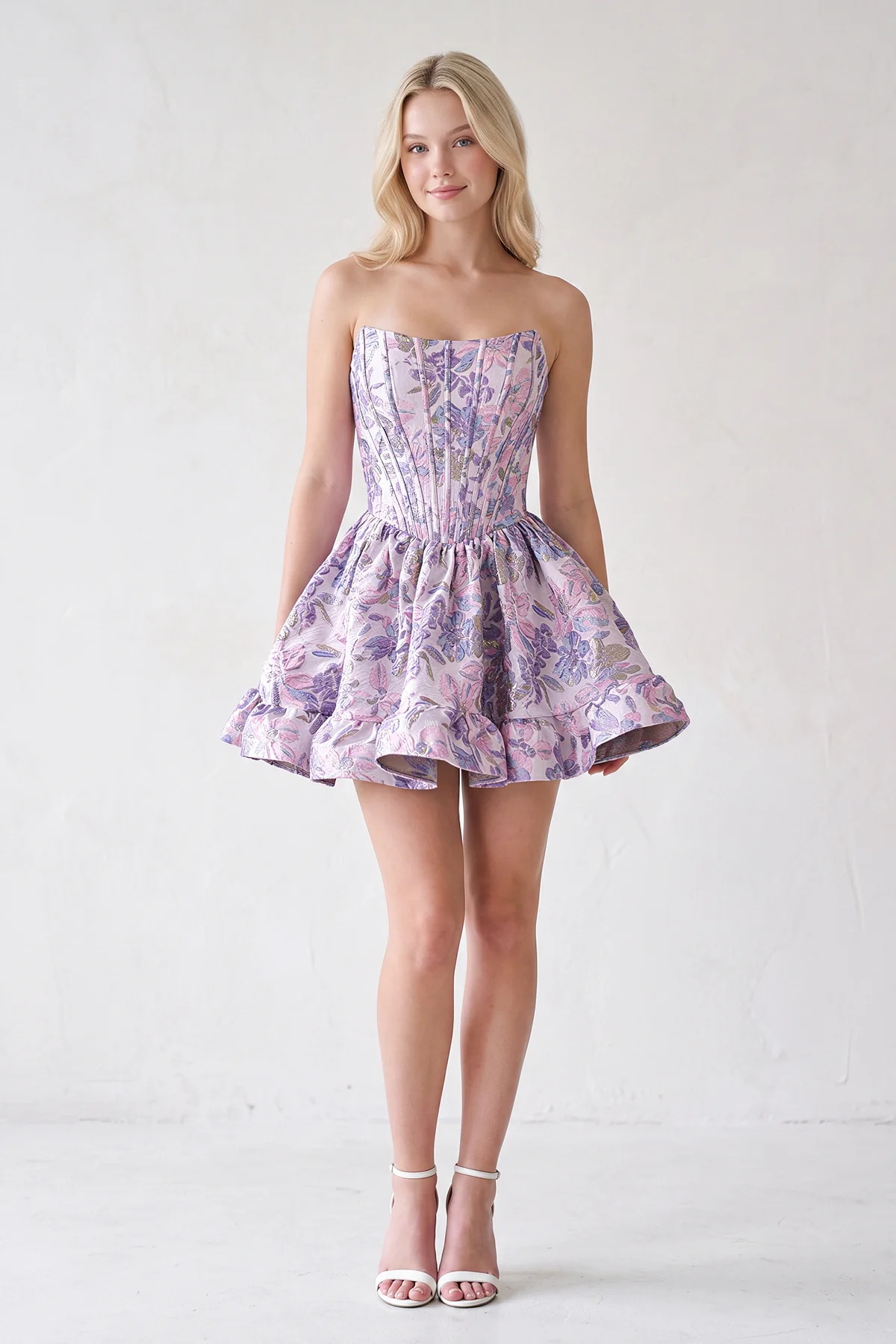 Purple Strapless A-Line Floral Homecoming Dress