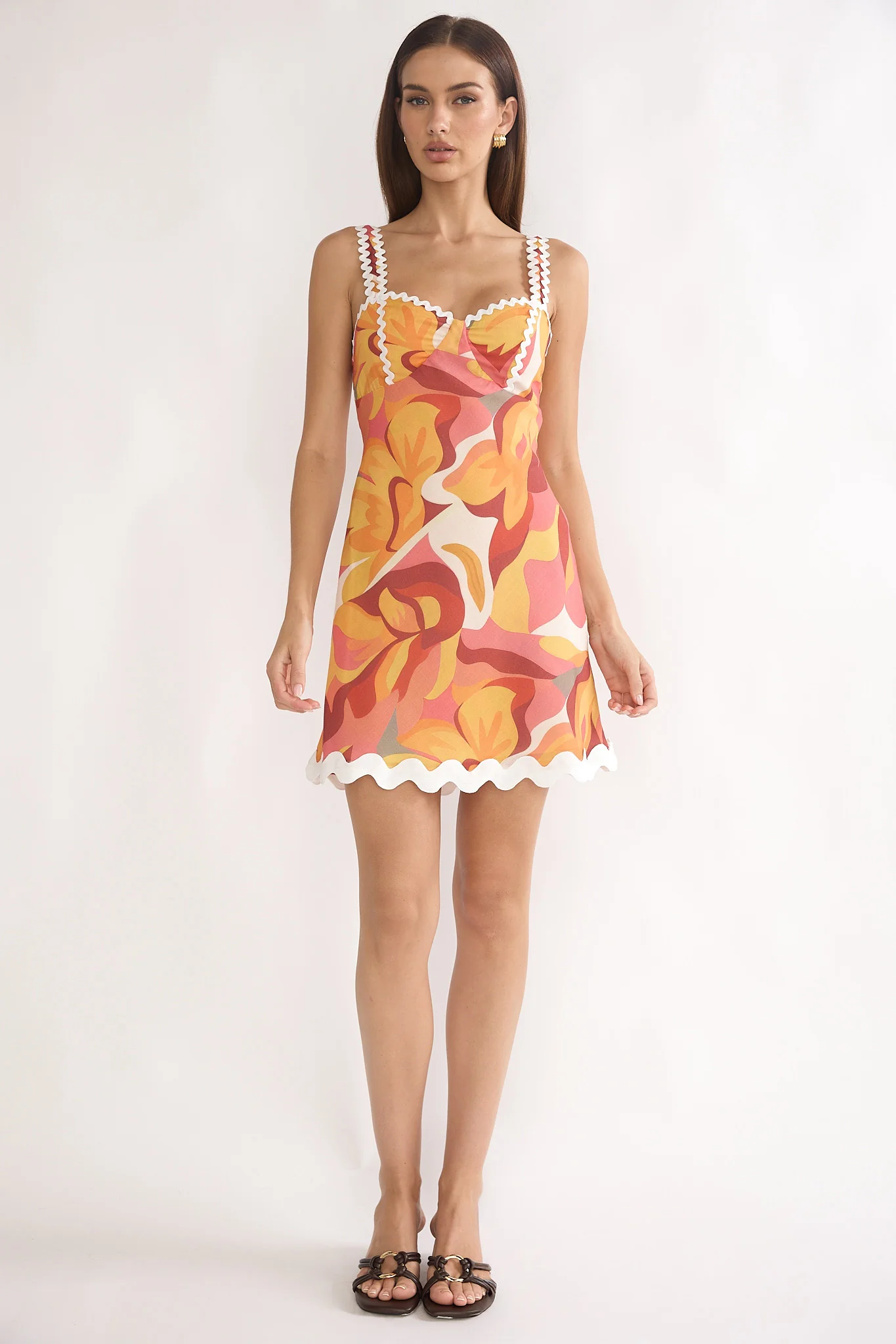 Meadows Ric Ric Trim Mini Dress Print Orange - luluinthesky