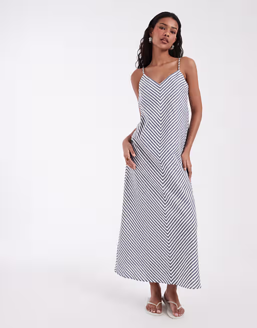 Vero Moda linen blend cami strap midi dress in navy and white stripe