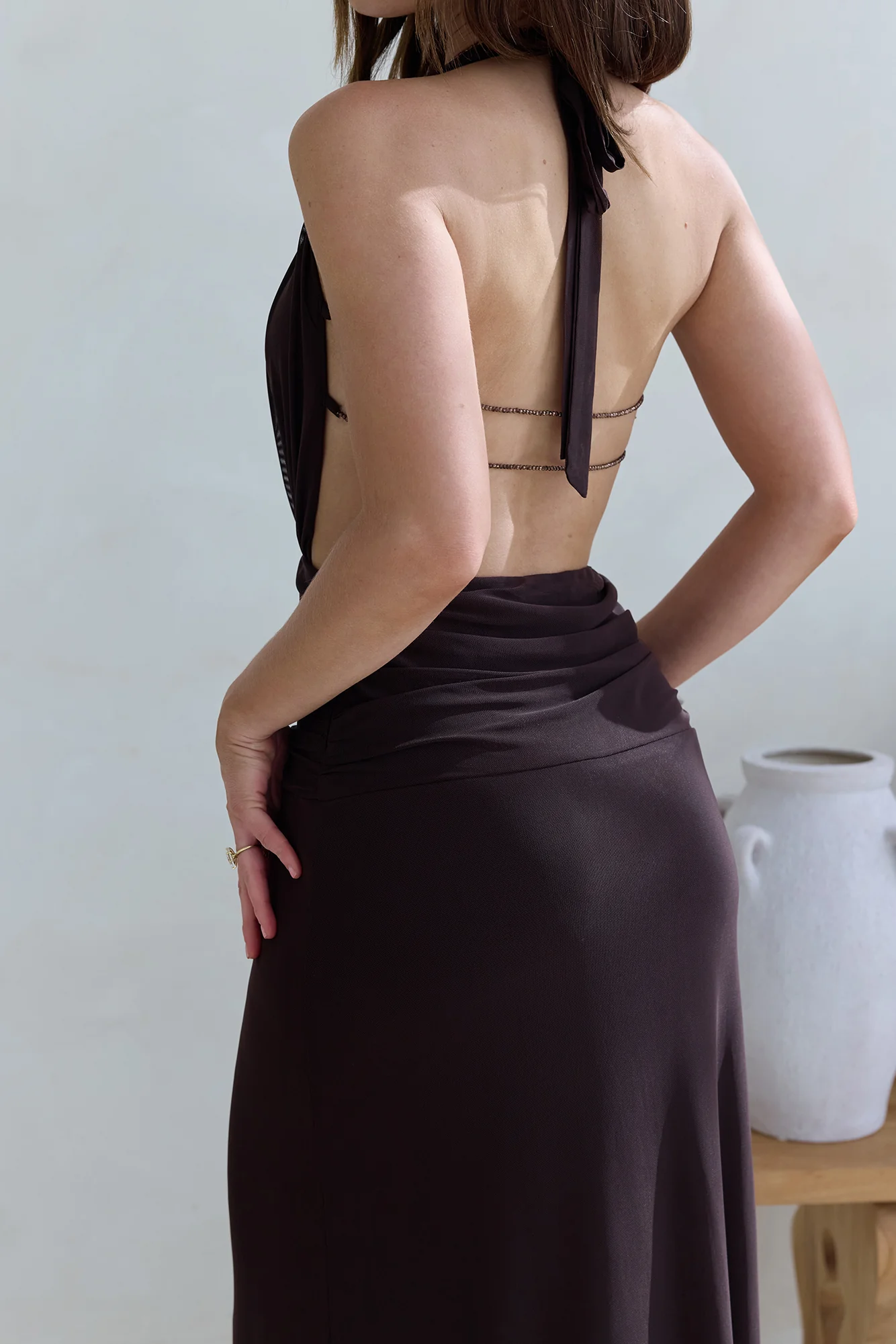 Make Your Mark Mesh Halter Maxi Dress Brown