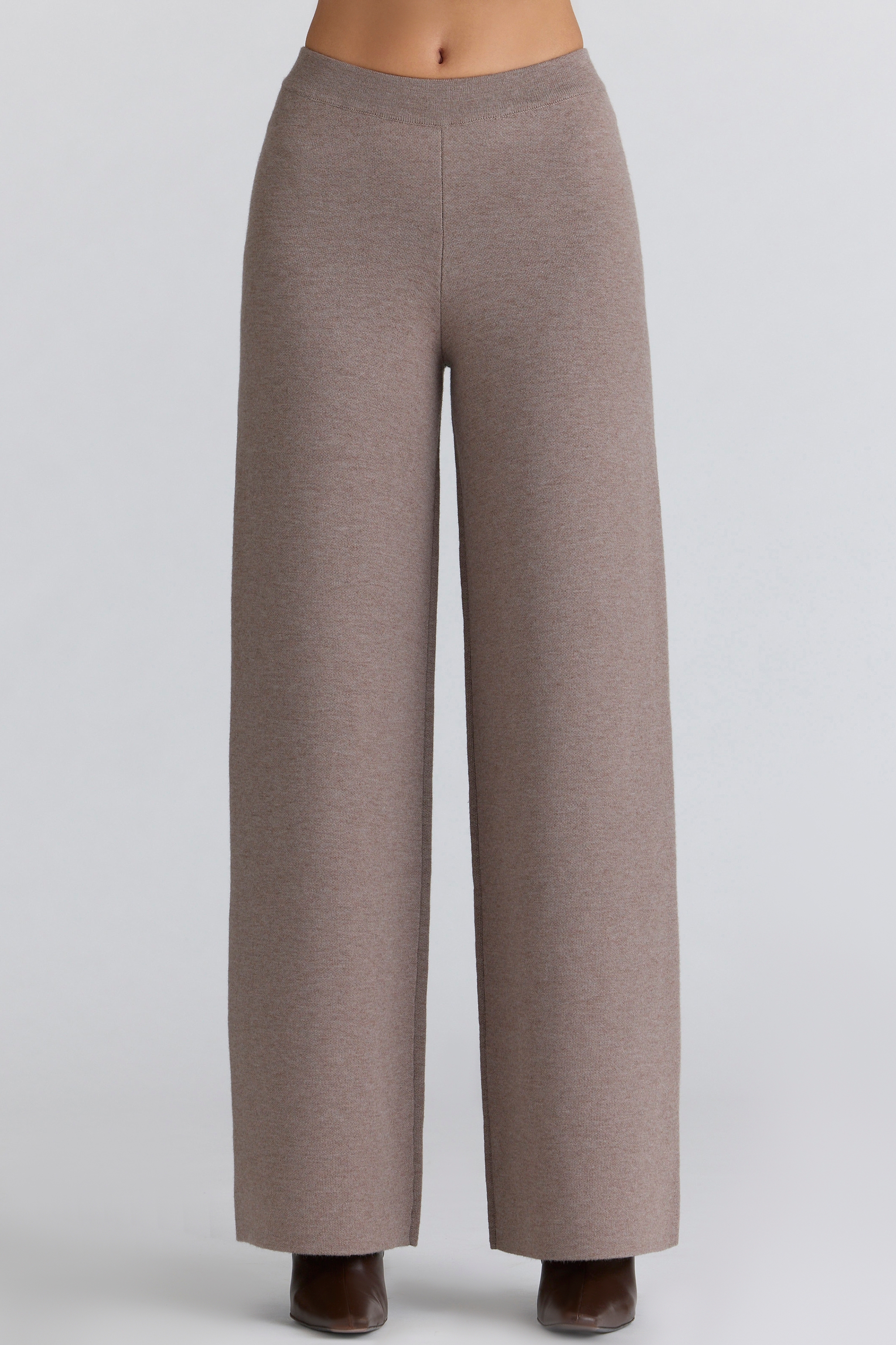 Taupe Wool Wide Leg Trousers