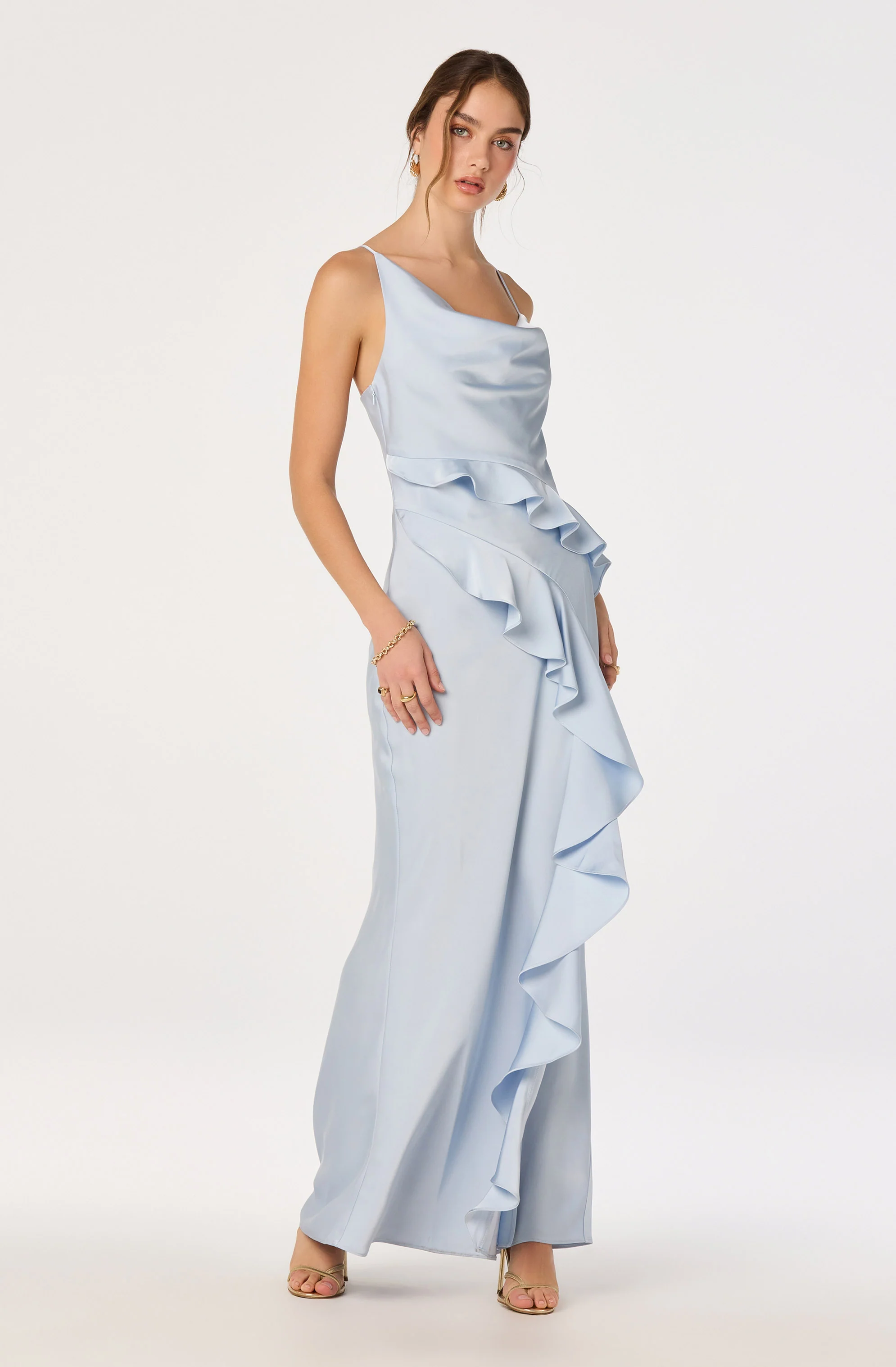 Adelina Satin Ruffle Maxi Dress