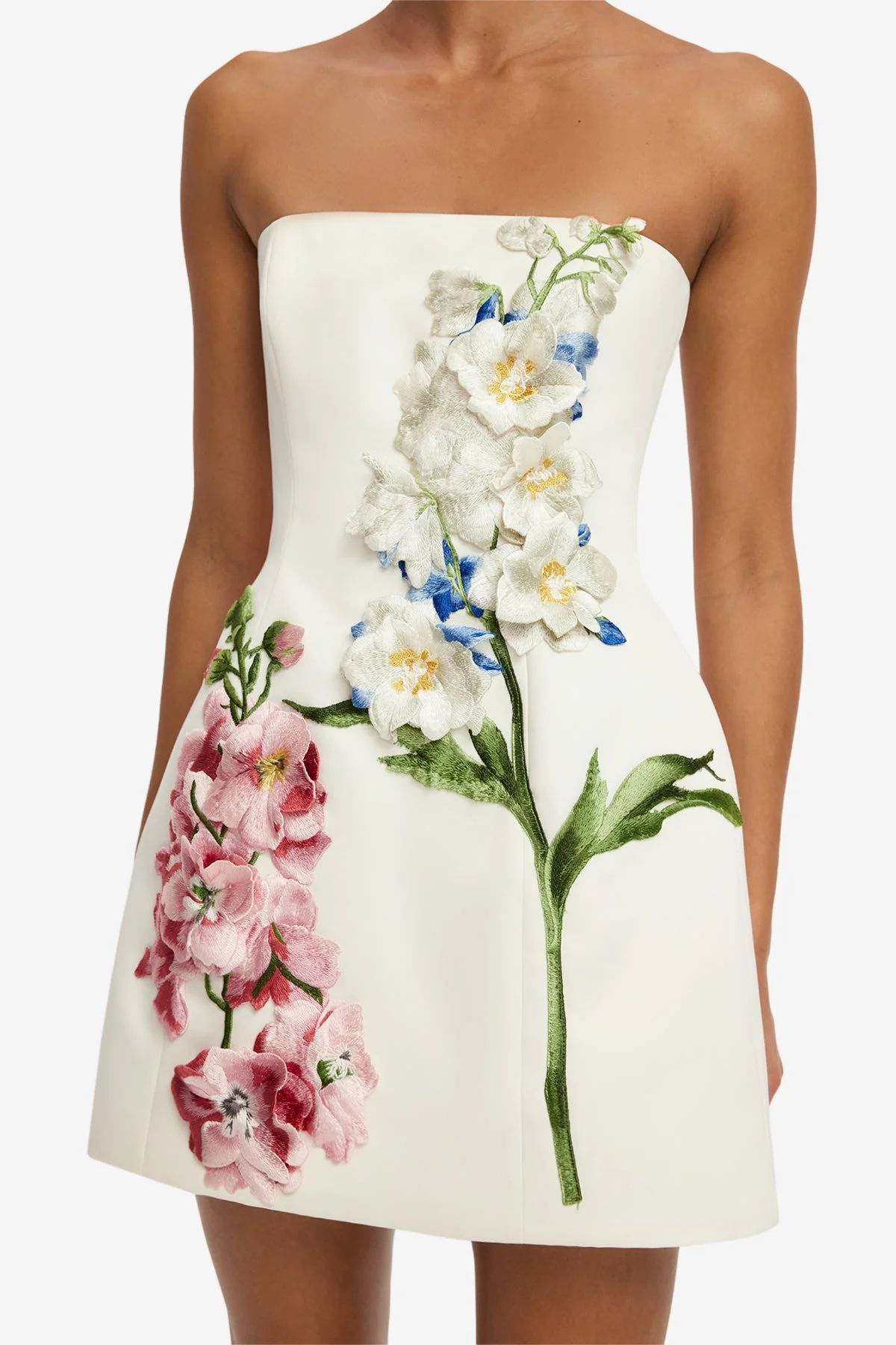 Roselle Embroidered Bustier Mini Dress - Snapdragon Print in Snow - luluinthesky