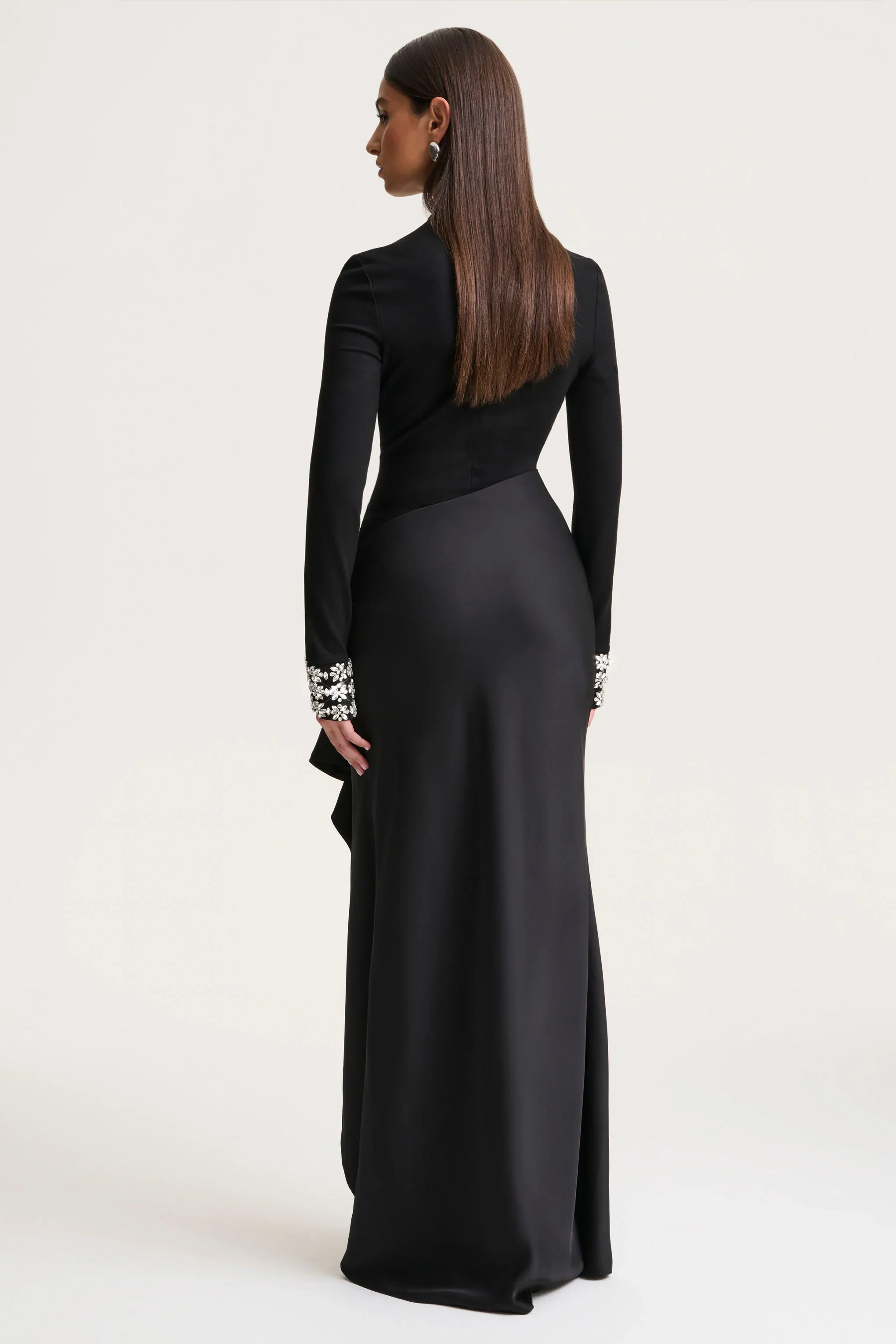 Starred | Black High-Neck Maxi Dress With Satin Wrap-Skirt And Embellished Cuffs