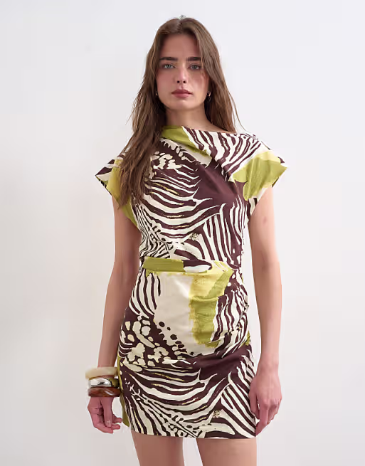 Topshop linen rich drape asymmetric mini dress in khaki and brown abstract animal print