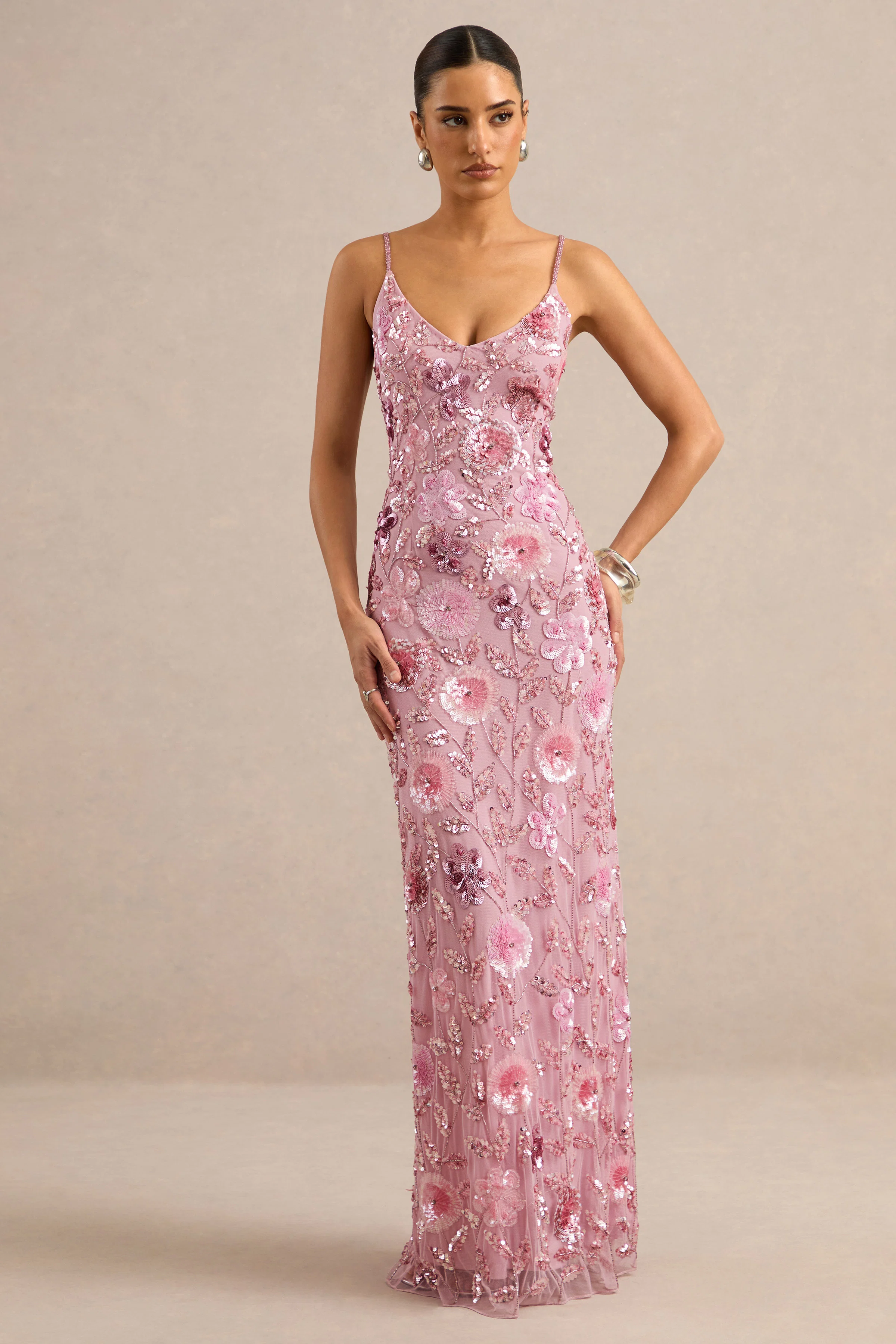 Gemini | Pink Embellished Strappy Maxi Dress - FASHION NOB