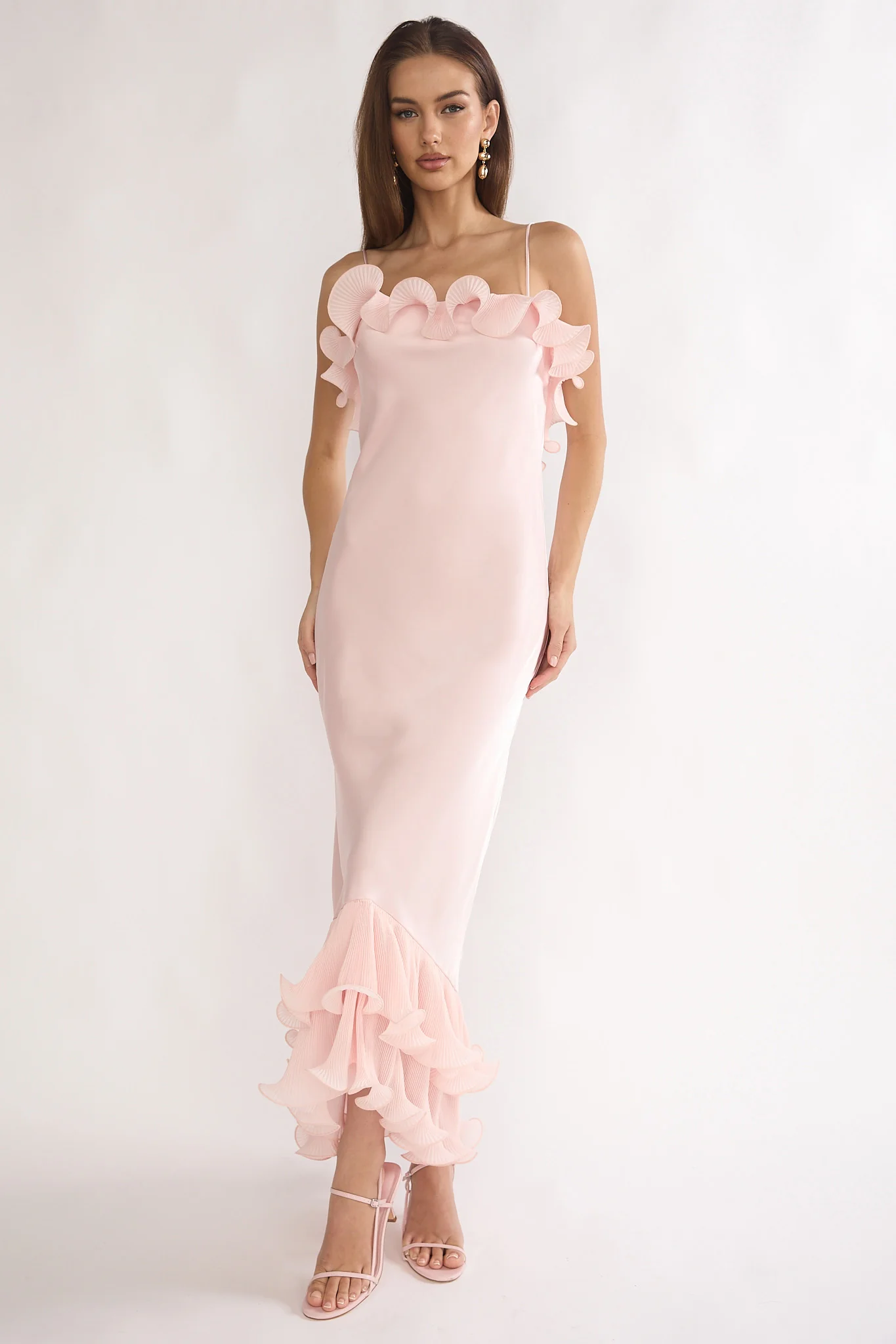 Okay, Cupid Low Back Ruffle Trim Maxi Dress Pink