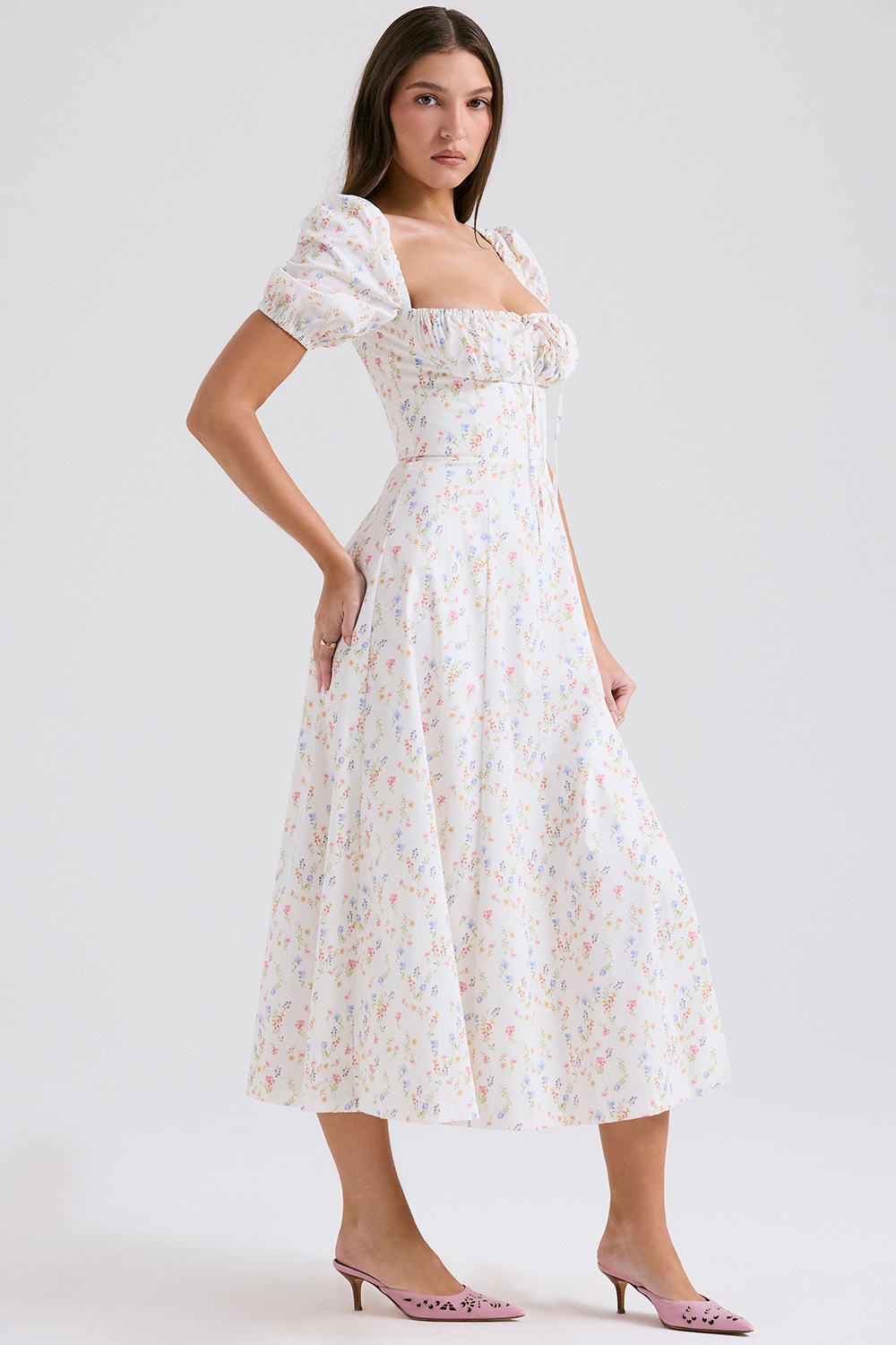 White Posy Print Cotton Puff Sleeve Midi Sundress