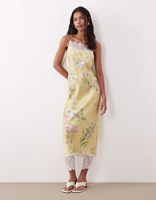 satin high neck cami midi dress with lace trims in yellow floral print
