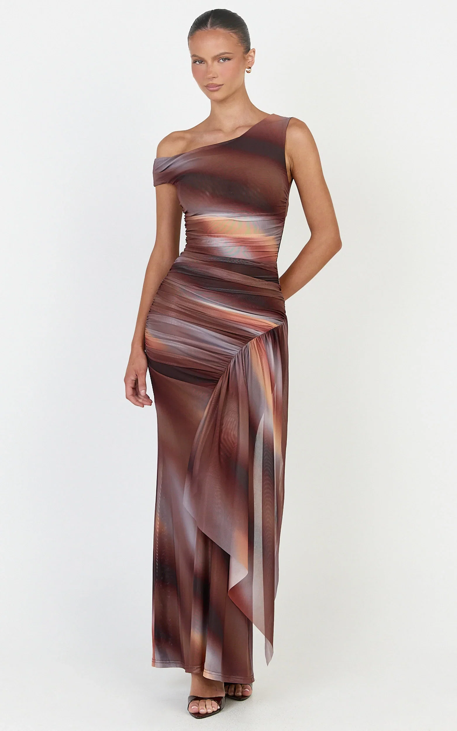 Lucienne Maxi Dress - Asymmetric Neckline Gathered Draped Sash Dress in Aurora Print