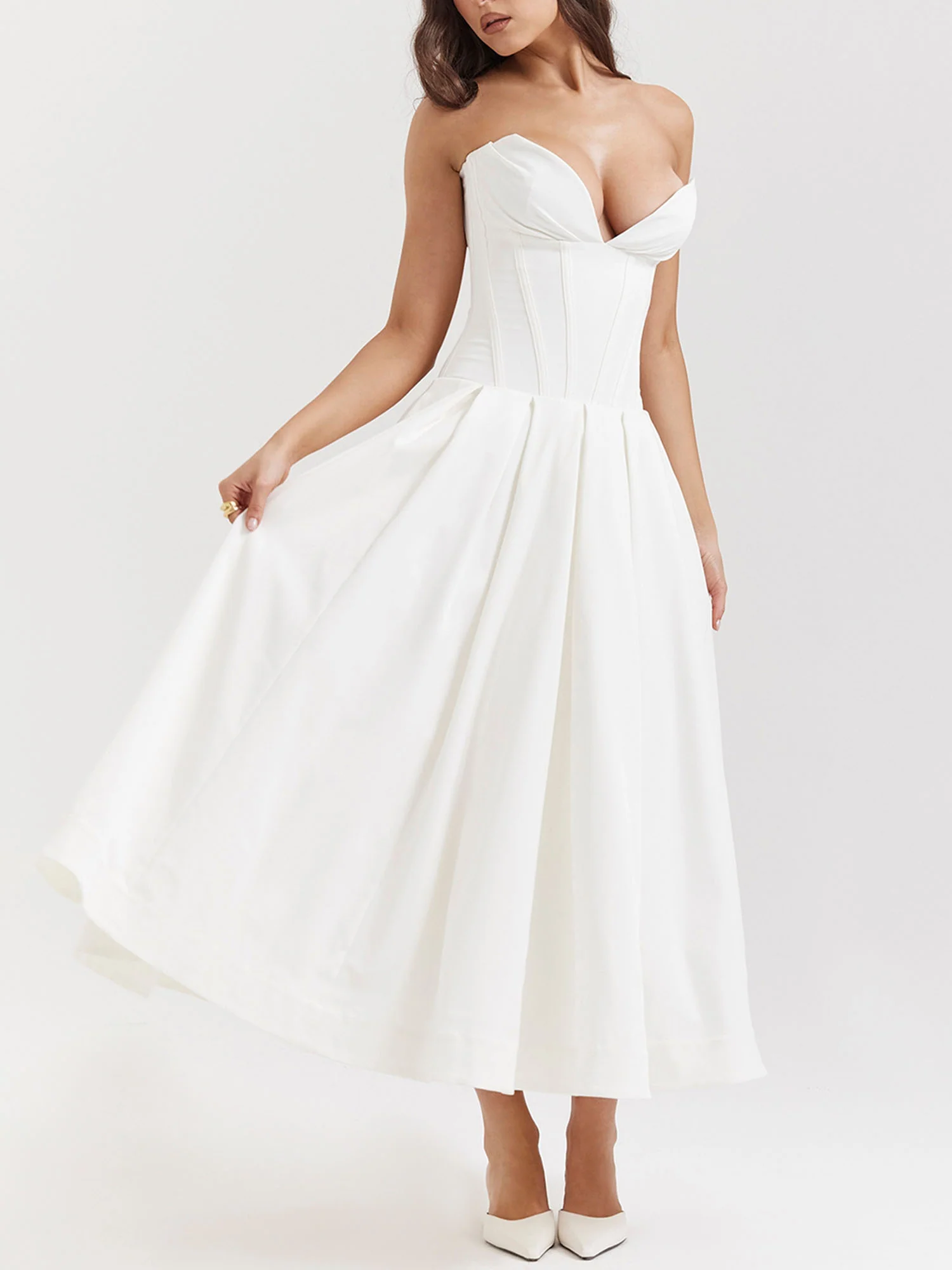 White Strapless Fit-and-Flare Midi Dress