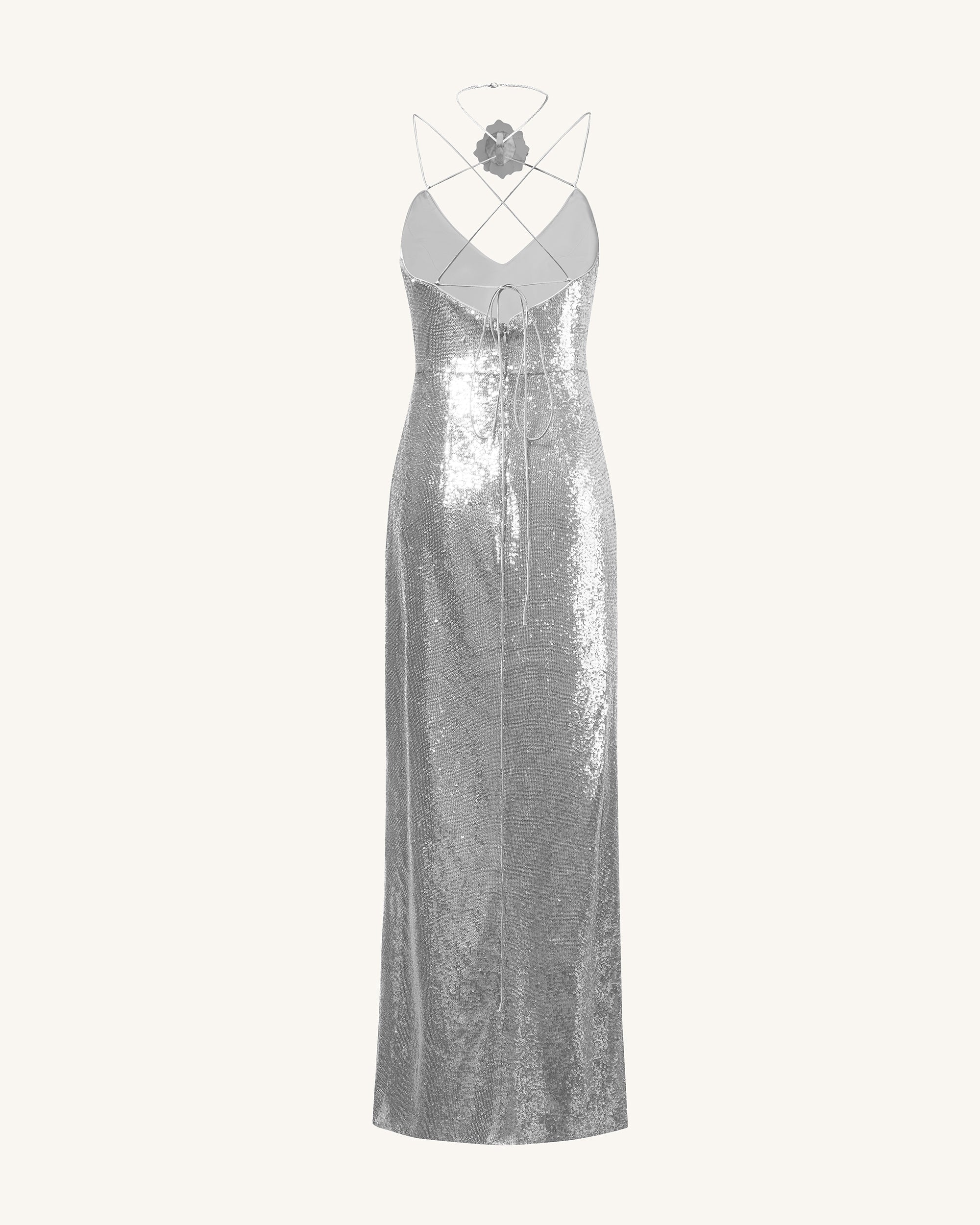 Heisey Silver Sequinned Rosette Maxi Dress - Silver - FASHION NOB