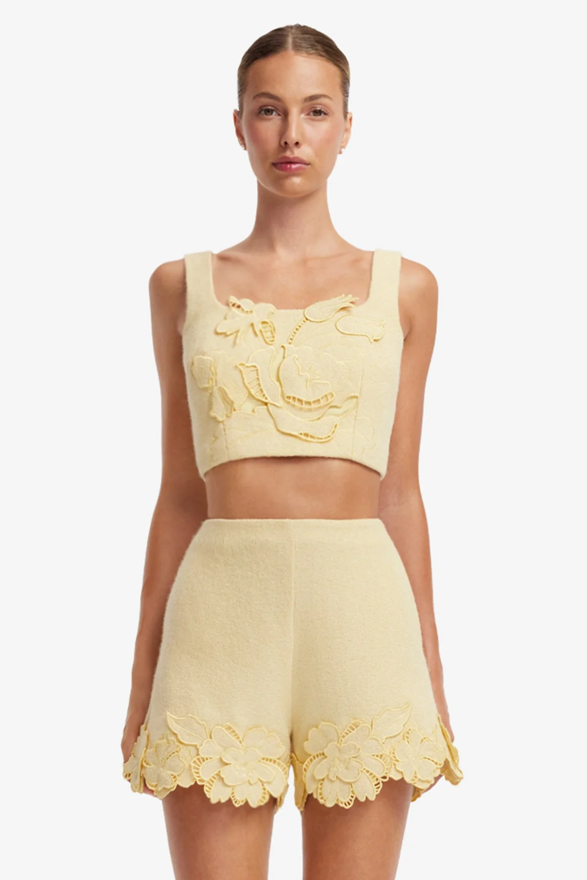Vivian Appliqué Tweed Crop Top - Dusty Yellow