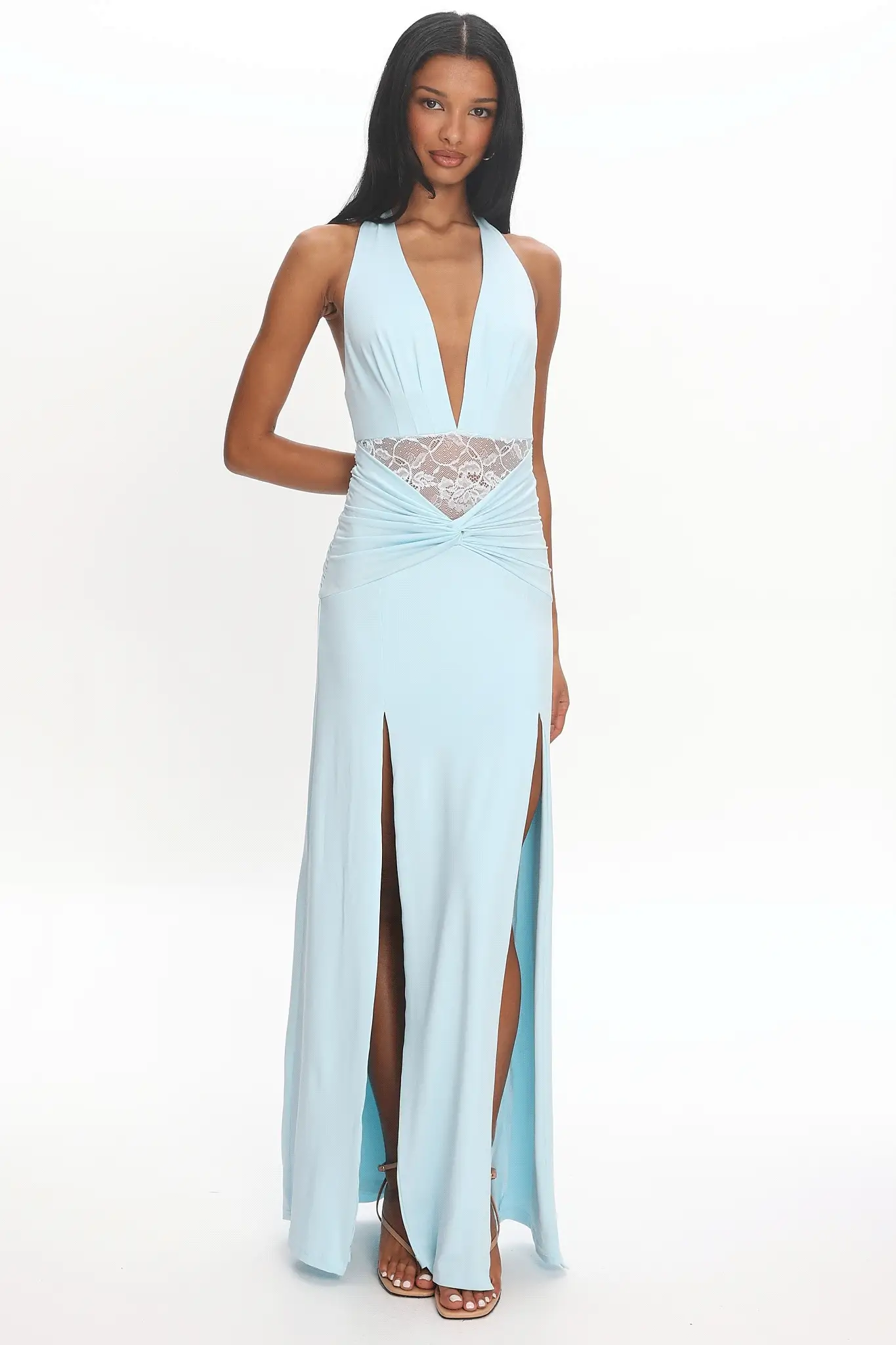 Swan Song Ruched Slit Maxi Dress Blue - luluinthesky