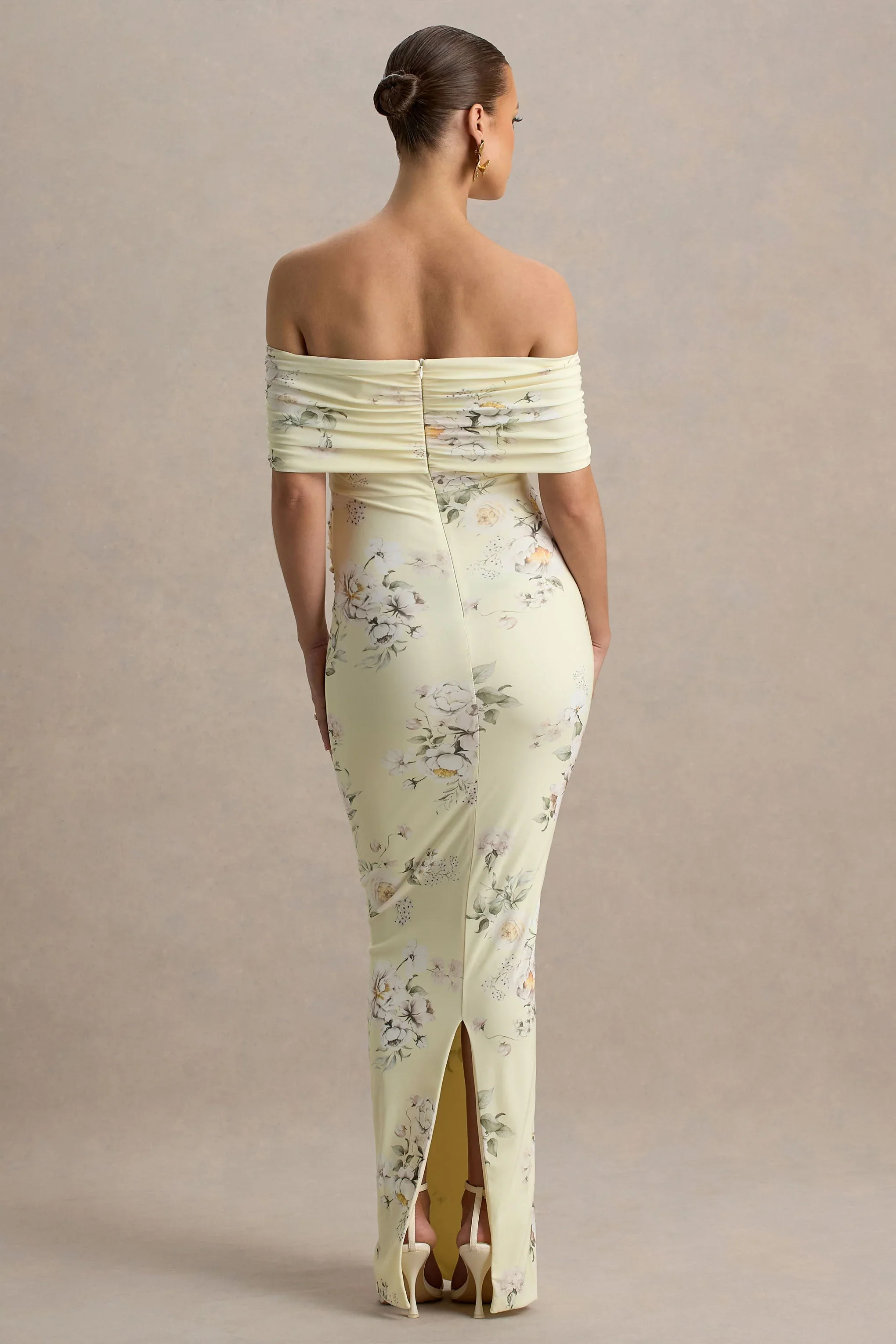 Cindy | Lemon Floral Bouquet Print Bardot-Neck Maternity Maxi Dress With Ruched Detail