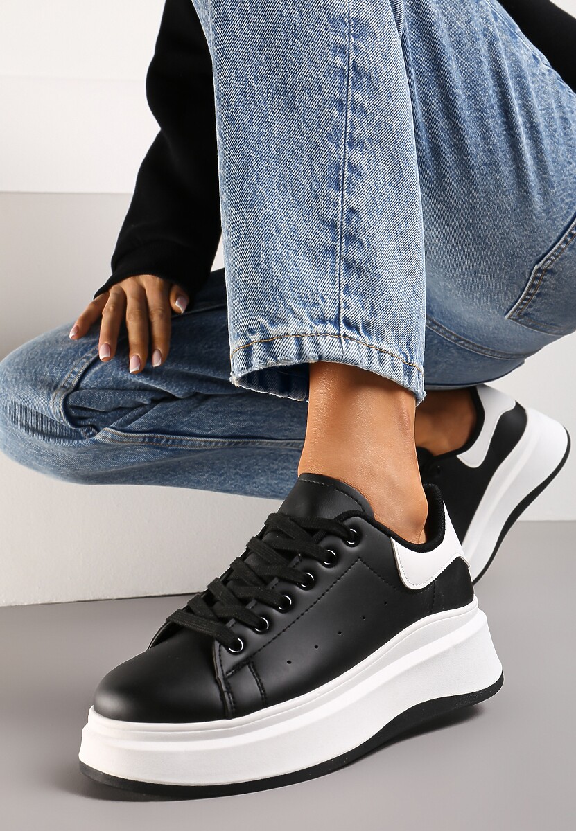 Czarne Sznurowane Sneakersy z Imitacji Skóry na Platformie Filamena
