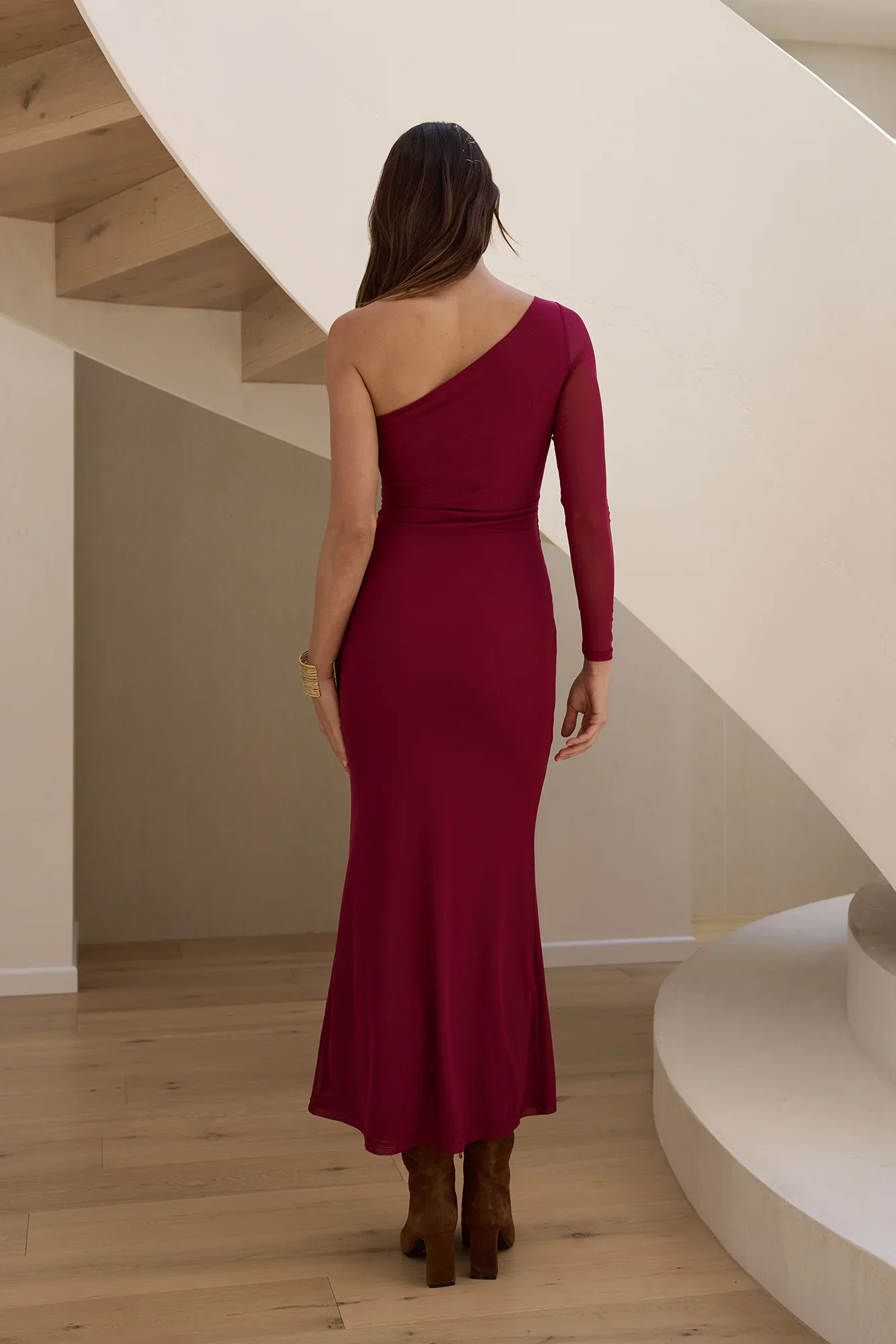 Moment Of Clarity One Shoulder Mesh Maxi Dress Plum