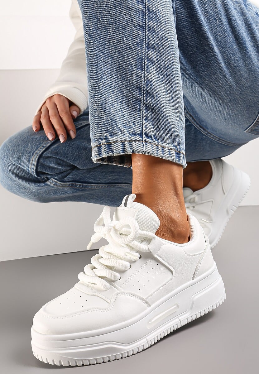 Białe Sneakersy na Platformie Wiązane na Szerokie Sznurowadła Viletra