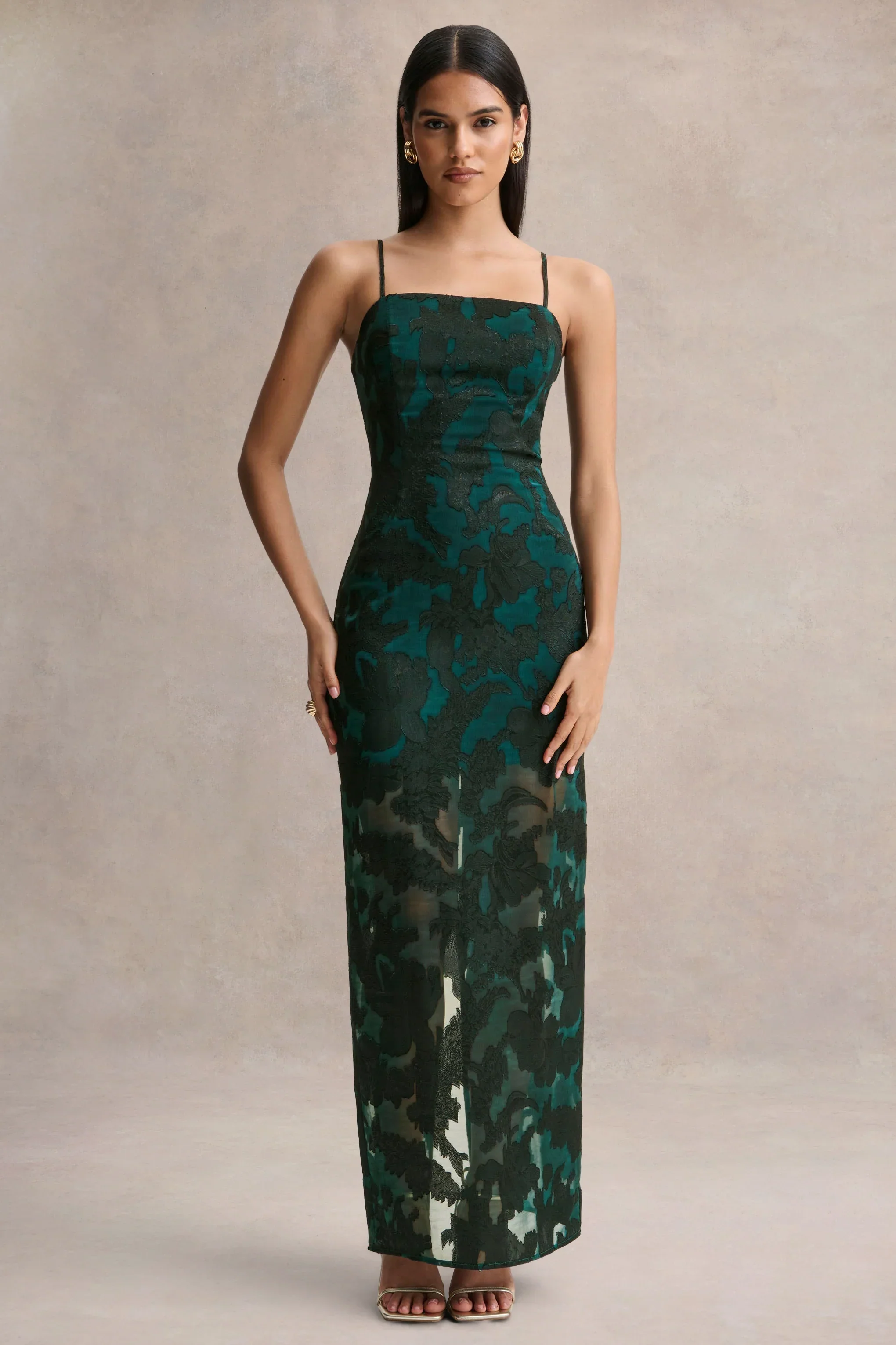 Hada | Dark Green Satin Devore Square-Neck Maxi Dress With Removable Twisted-Cape