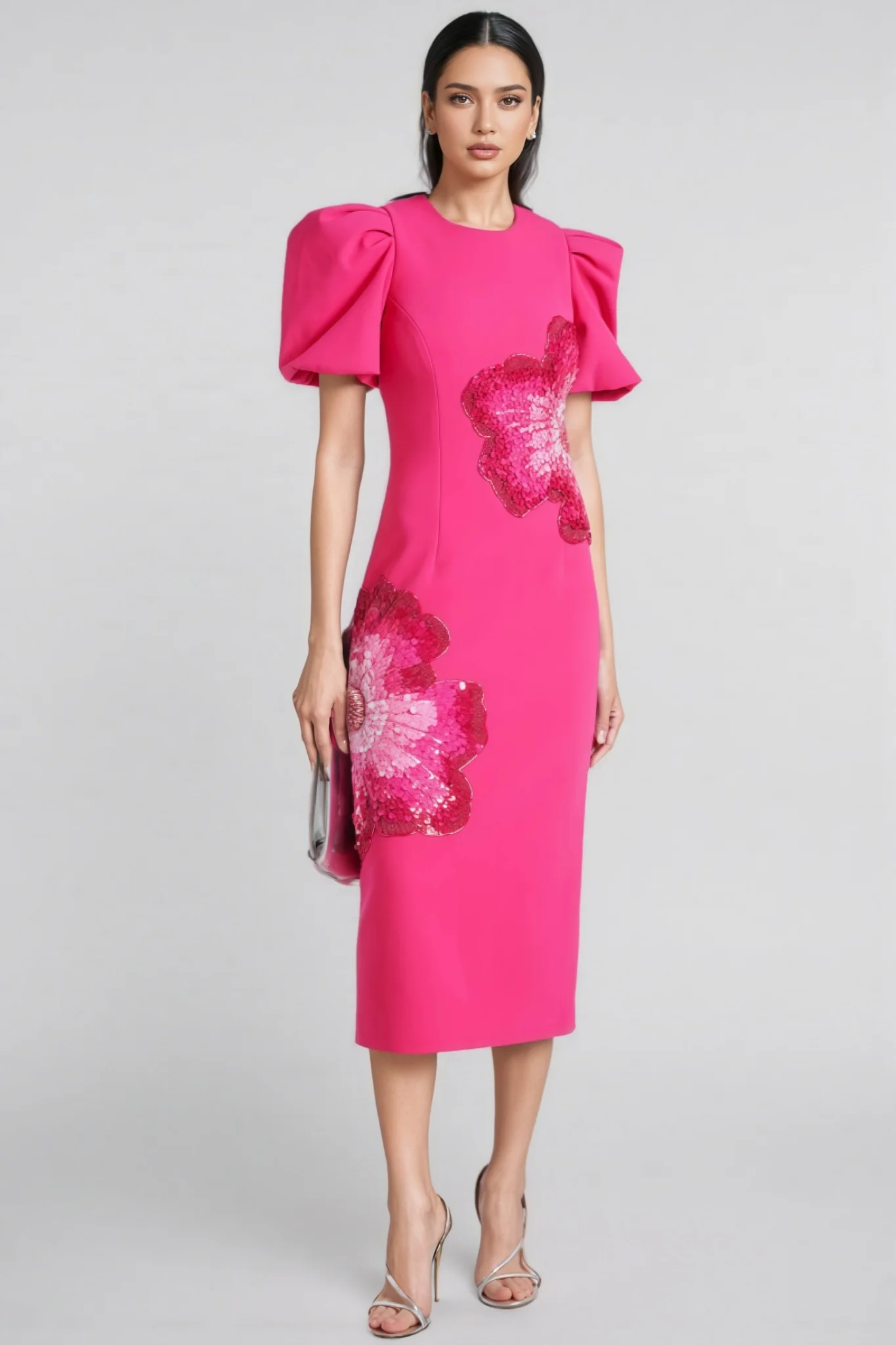 Coralie Puff-Sleeve Embellished Midi Dress