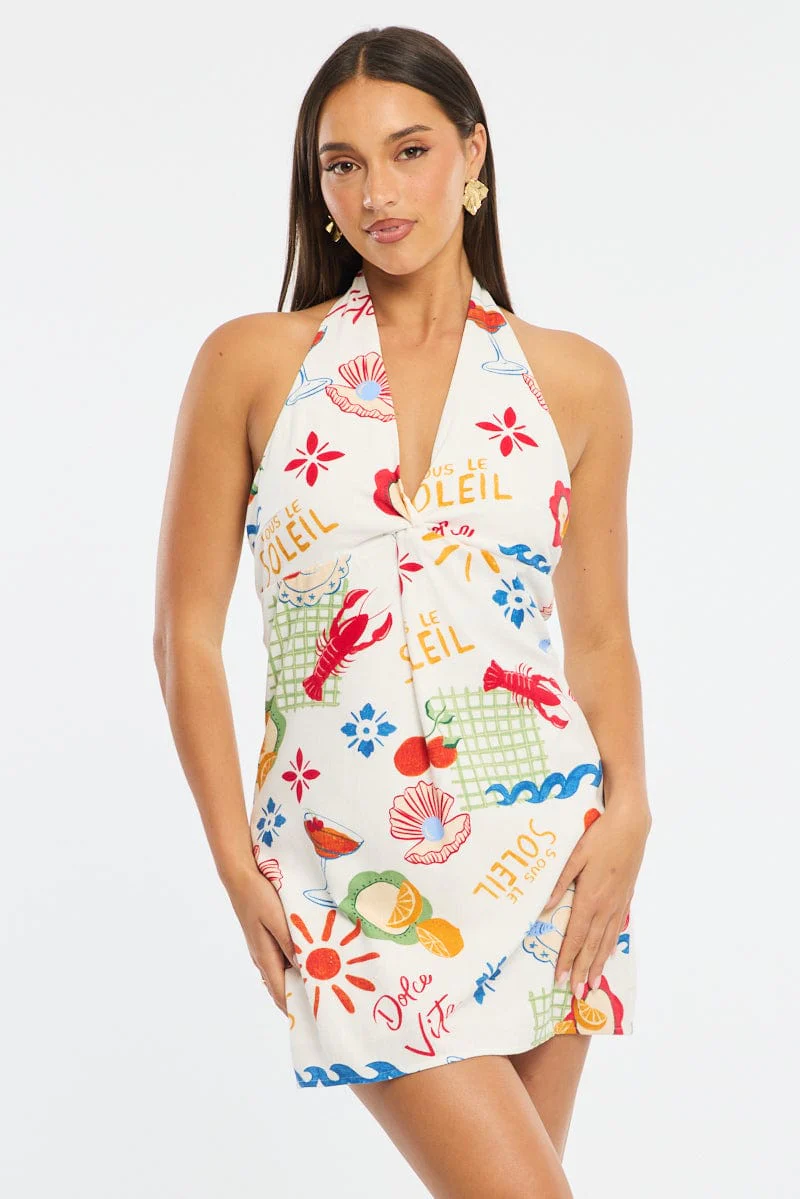 Multi Abstract Halter Neck Dress Mini