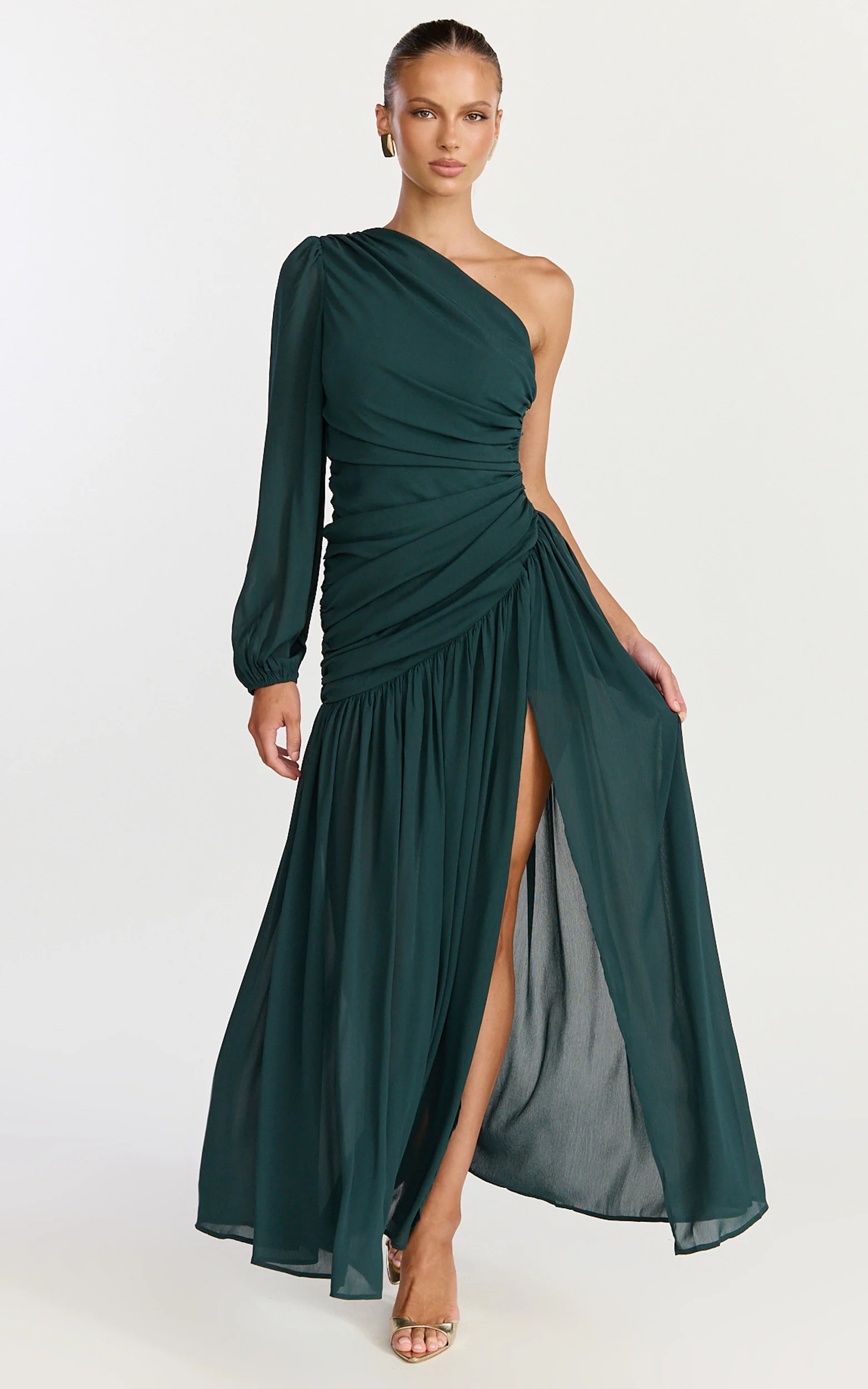 Grittah Maxi Dress - One Shoulder Bishop Sleeve High Split Ruched Dress in Emerald