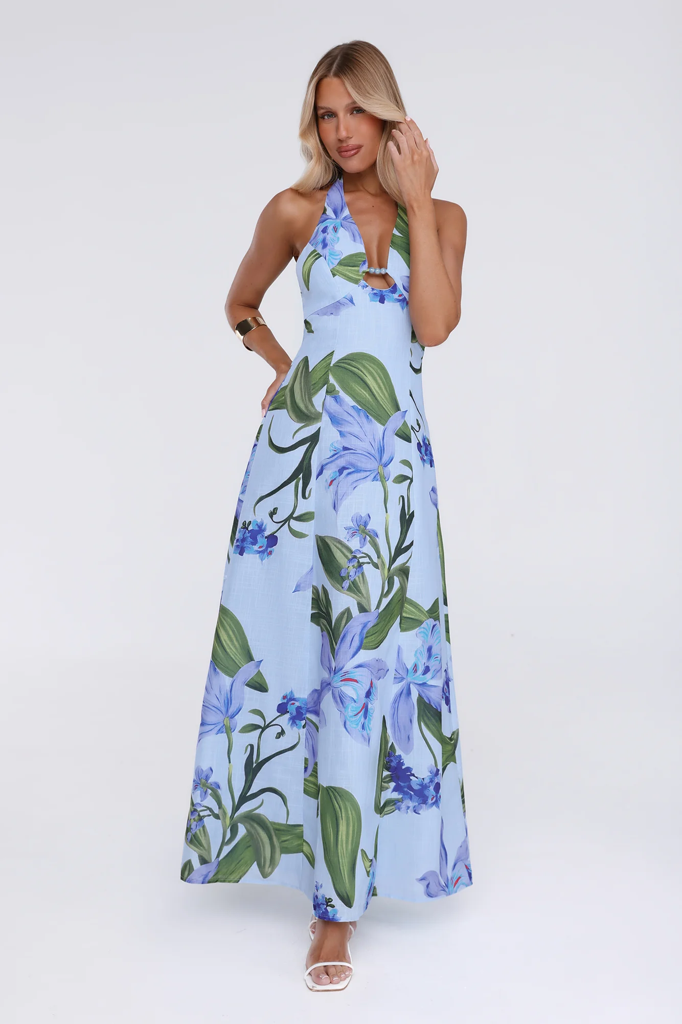 Fleur Flicker Halter Maxi Dress Blue