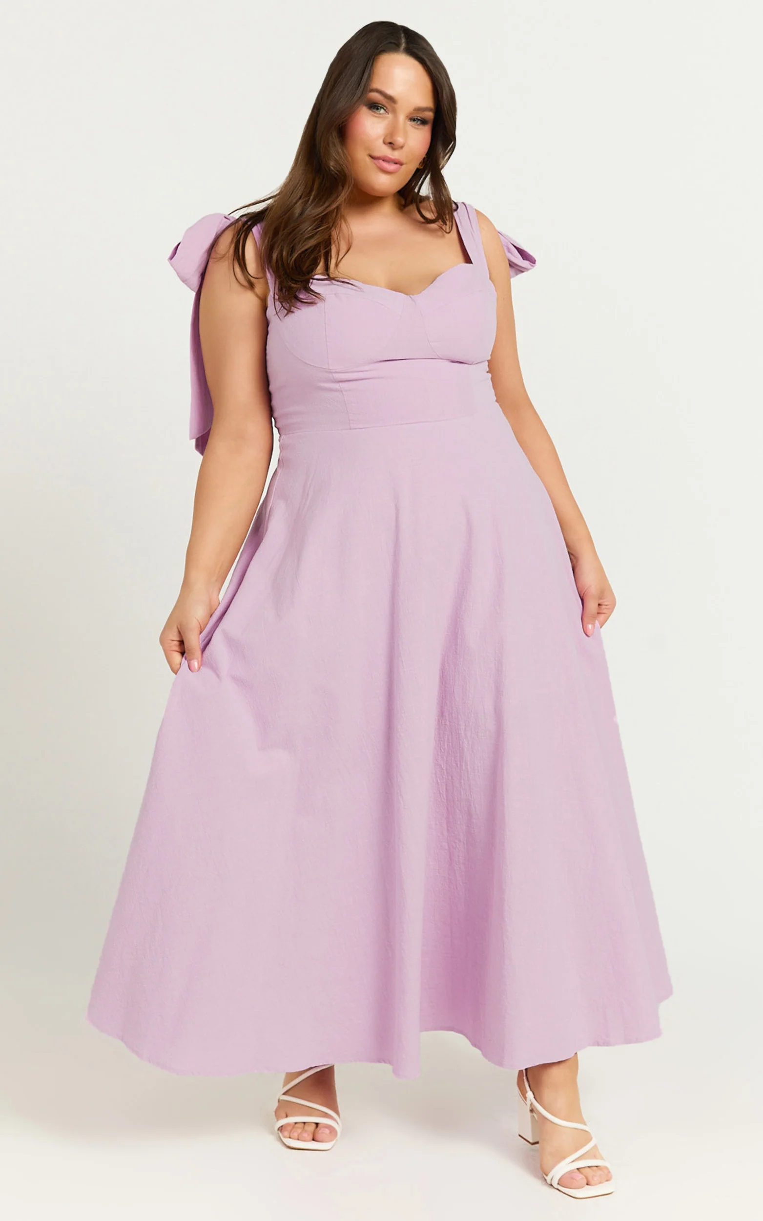 Tymia Midi Dress - Shoulder Tie Bustier Shirred Back A Line in Lavender