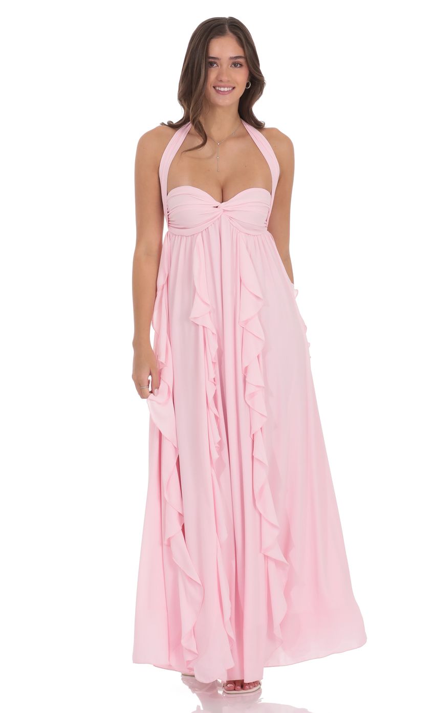 Halter Ruffle Babydoll Maxi Dress in Pink