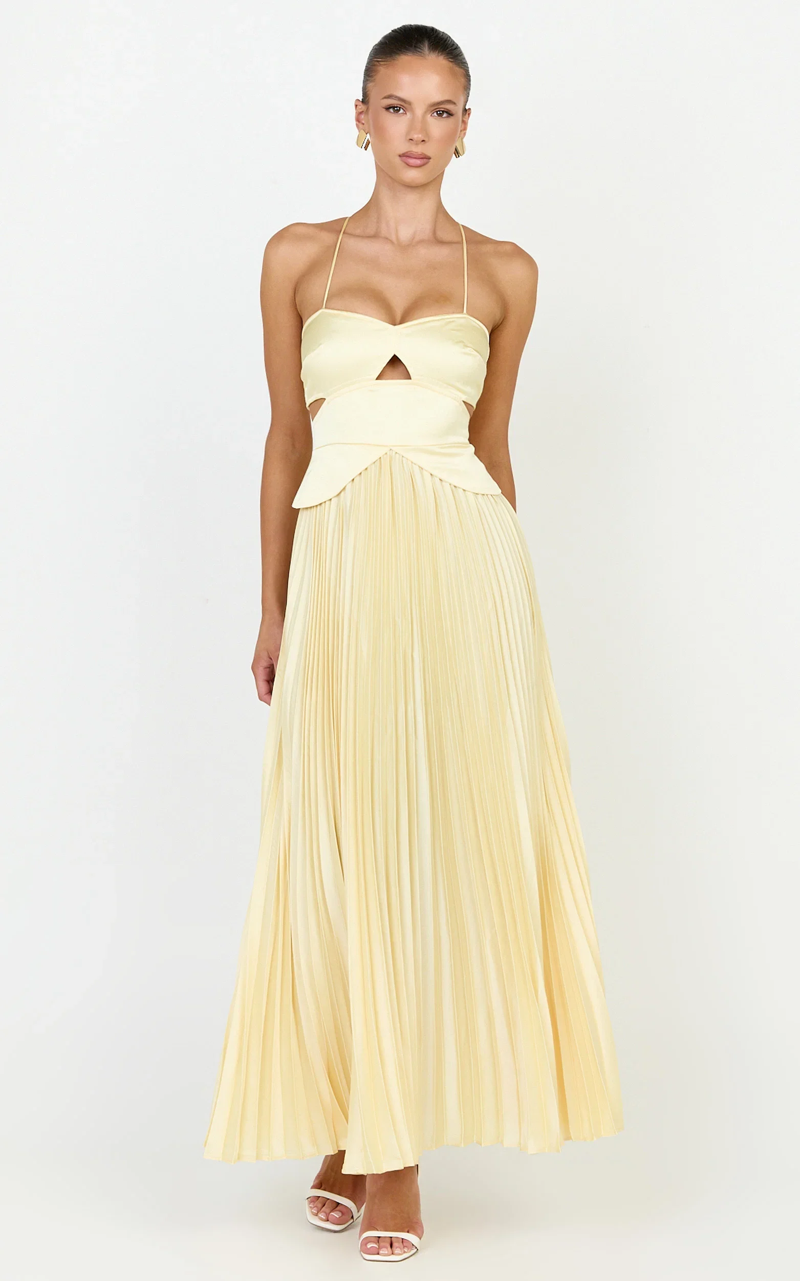 Shay Maxi Dress - Sweetheart Cut Out Pleated Dress in Lemon