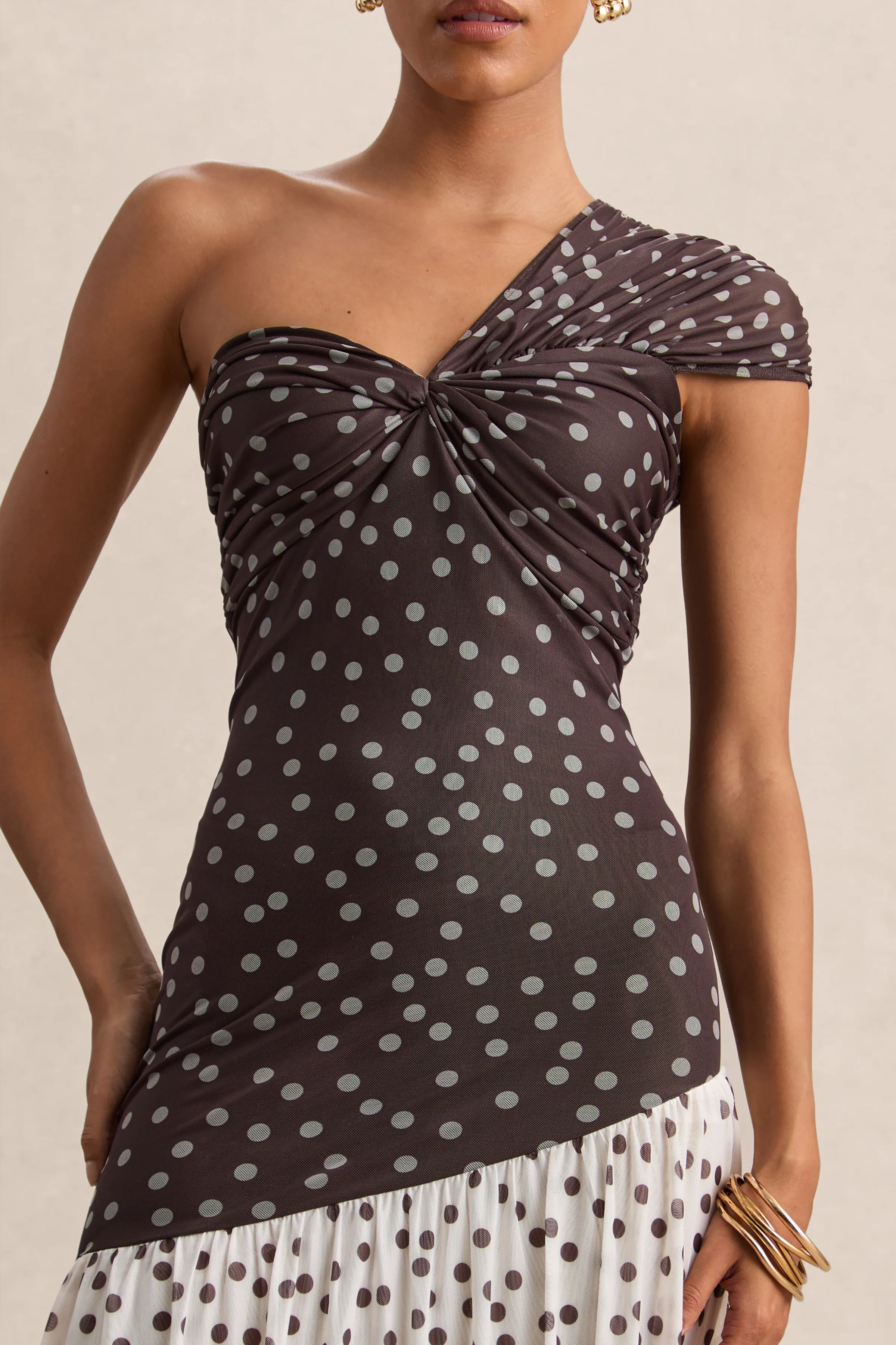 Motira | Brown Polka-Dot Asymmetric-Neck Maxi Dress With Asymmetric Drop-Waist