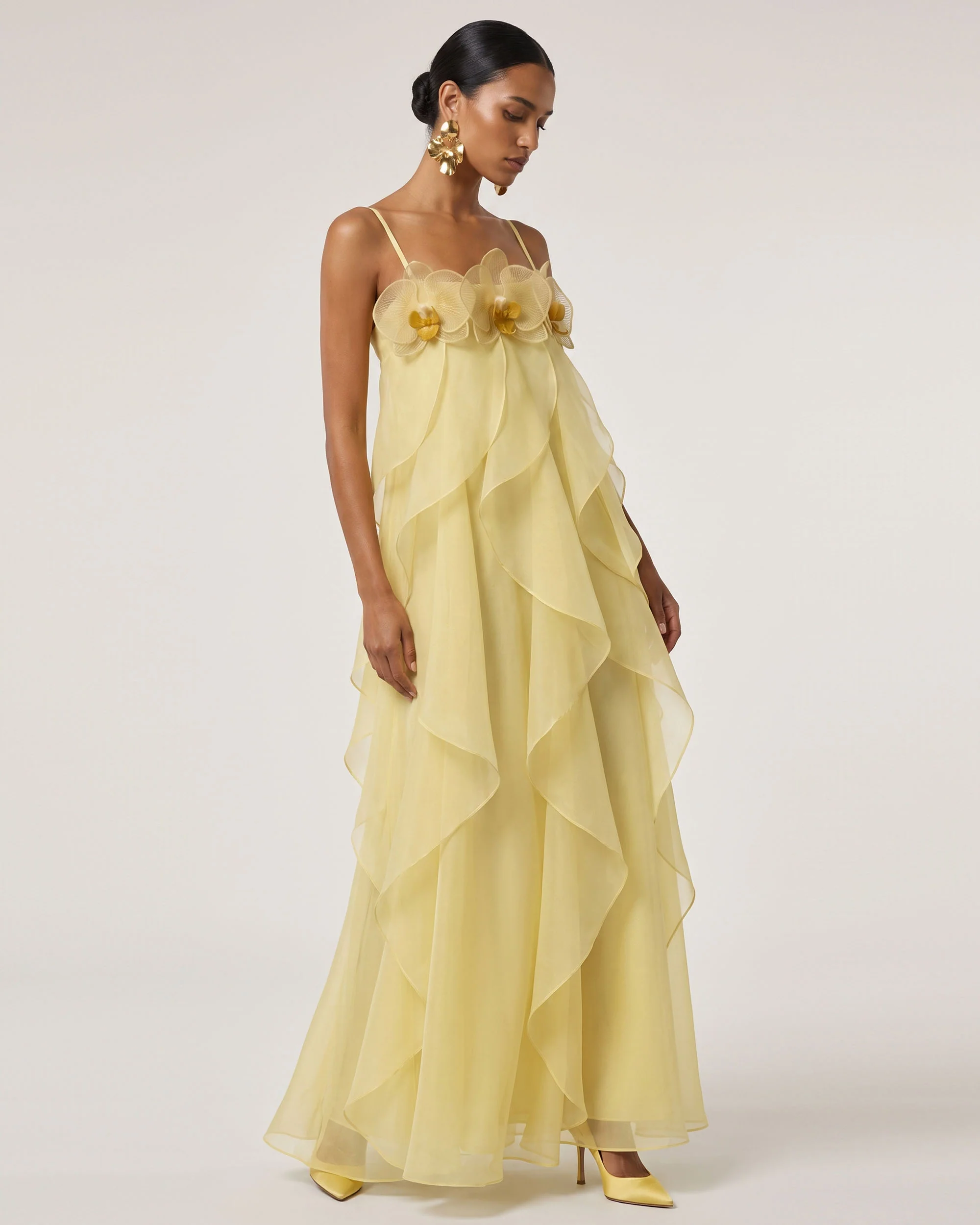 Orchid Embroidered Organza Maxi Dress - Light Yellow - FASHION NOB