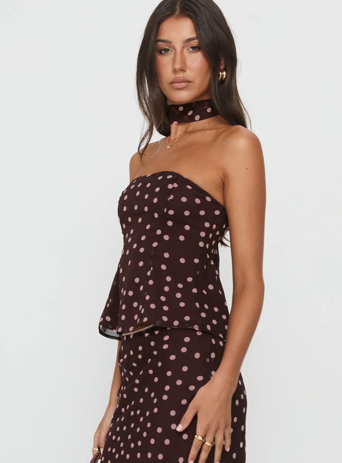 Sydni Scarf Detail Strapless Top Chocolate / Pink Polka Dot