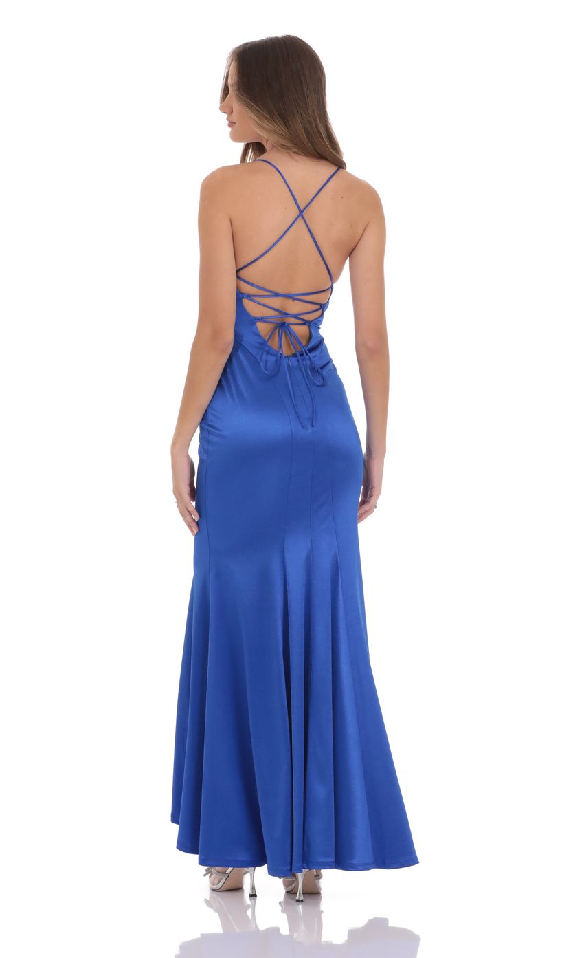 Satin Open Back Mermaid Maxi Dress in Blue