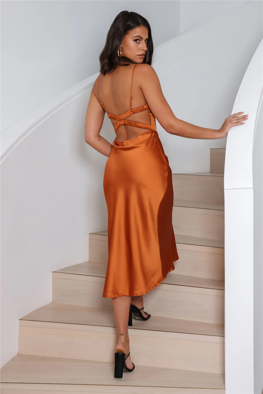 Wishful Thinking Satin Midi Dress Bronze